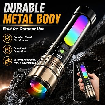 5-Color RGB LED Flashlight with LCD Display, UV Light & 10 Modes - Rechargeable Aluminum Zoomable Flash Light, High Lumens for Outdoor, Camping, Emergency Use