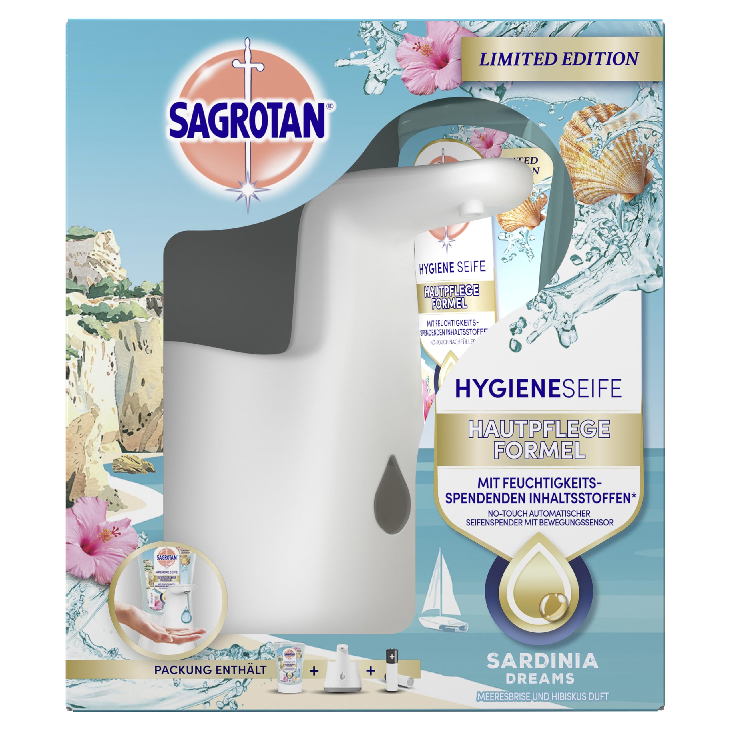 Sagrotan No-Touch Starter-Set – Automatischer Seifenspender - inkl. 3 x 250 ml Summer Limited Edition SARDINIA DREAMS