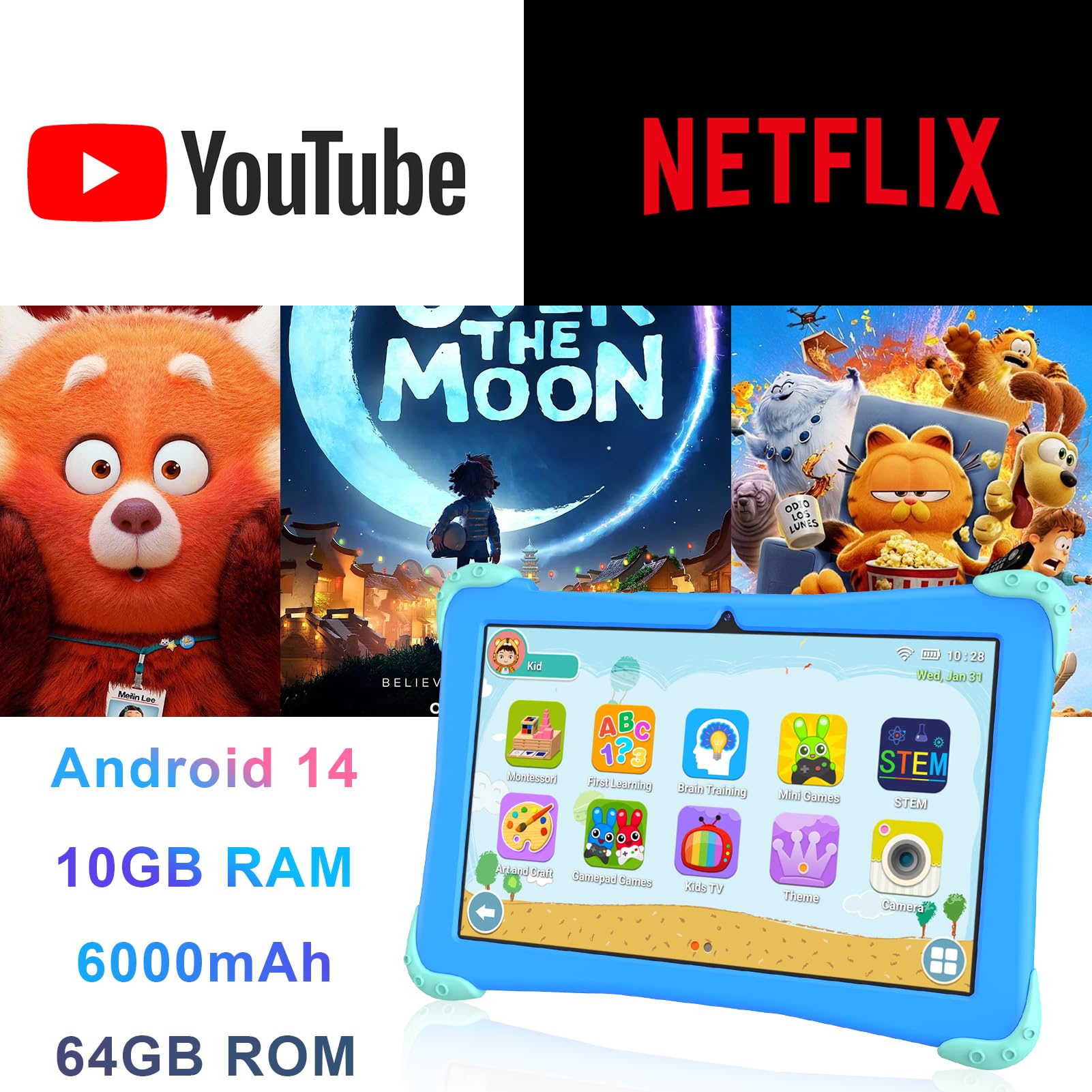 EagleSoar Tablet per Bambini da 10 Pollici, 10GB RAM + 64GB ROM Processore Octa-Core, Tablet Android14 per Bambini 3 a 12 anni, Software Didattico per Bambini Preinstallato e Controllo Genitori(Blu)