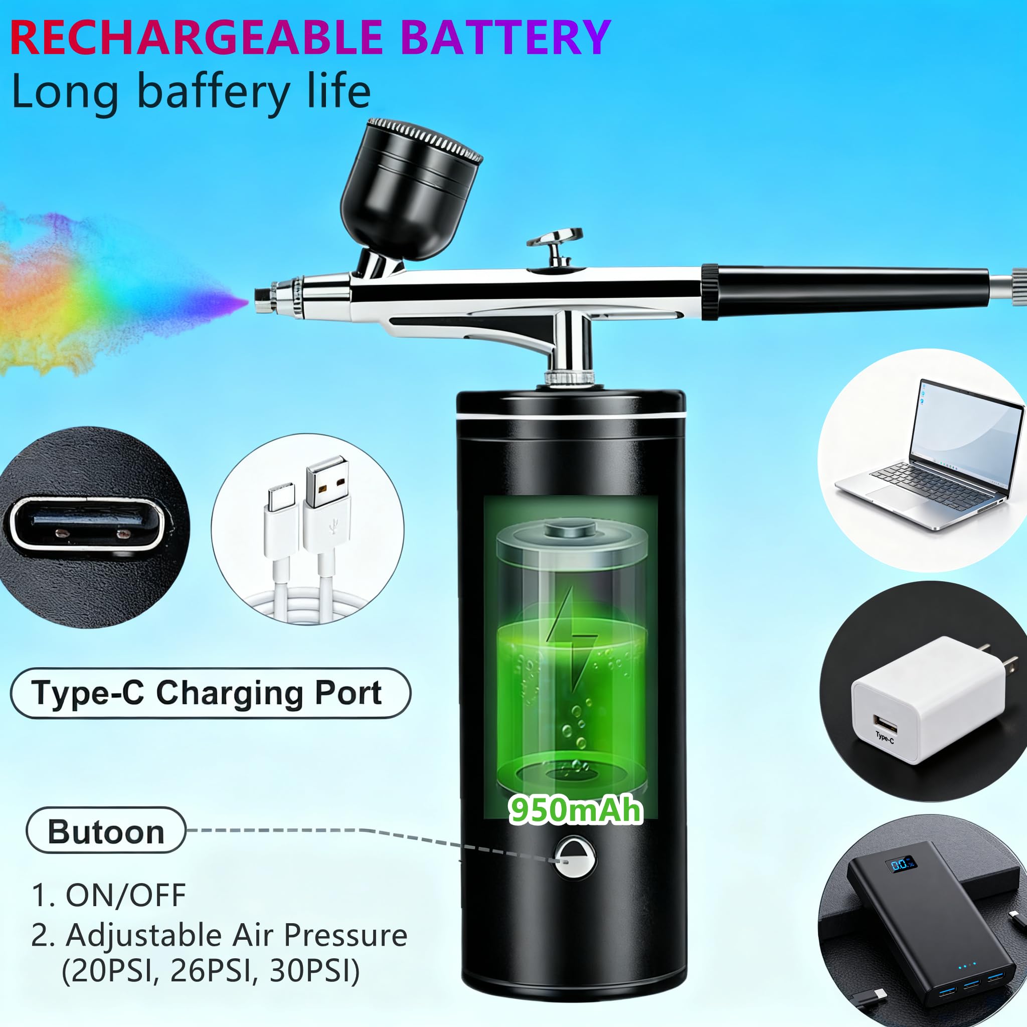 Kit de aerógrafo con compresor, portátil, recargable, inalámbrico, de alta presión, con boquilla de 0.35 mm, pantalla de alimentación y cepillo de limpieza, para pintura, arte de uñas, maquillaje