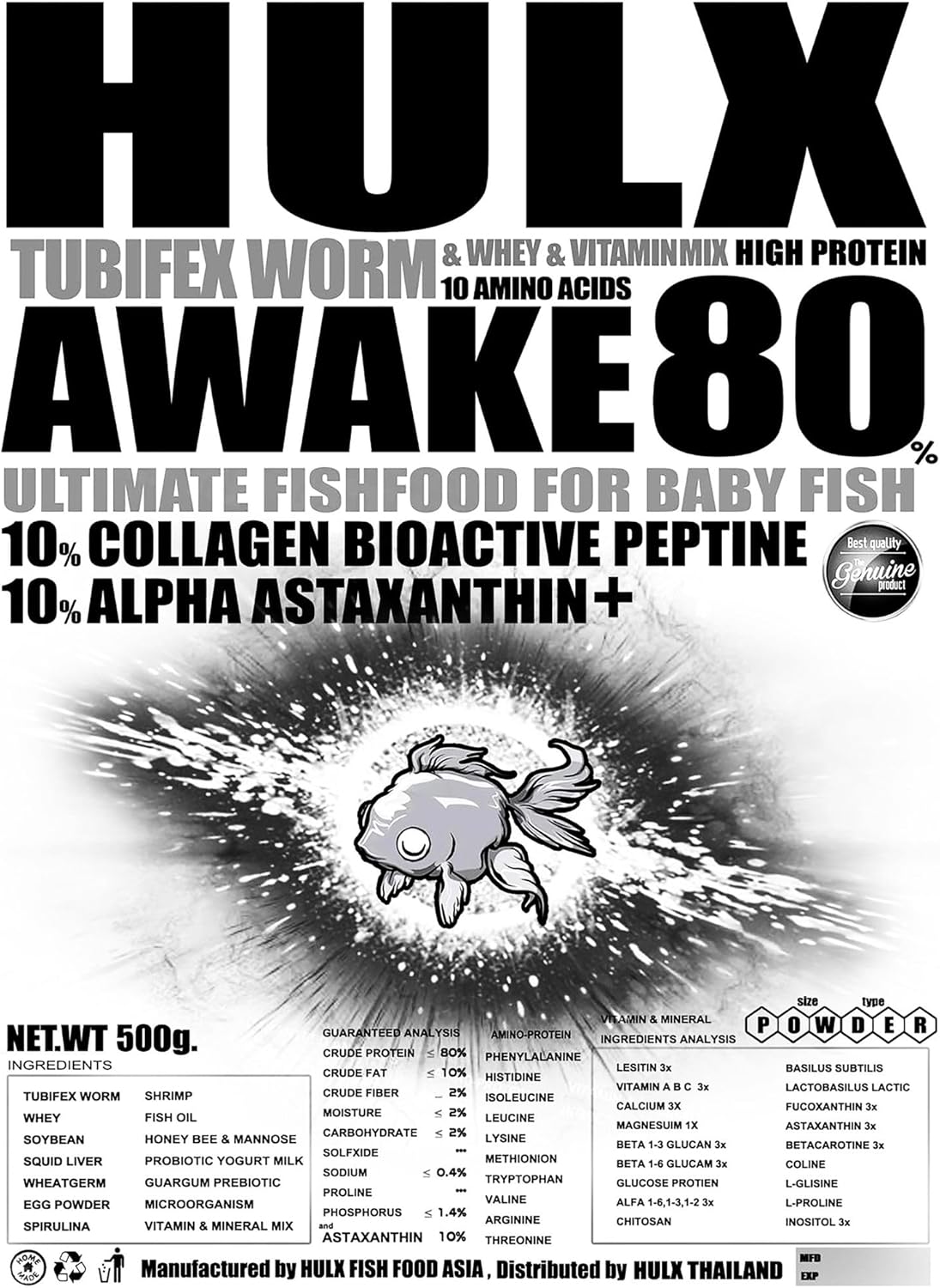 HULX Awake Goldfish Food Sinking for Big Muscle & Mass Weight Gain, Whey Mixed High Protein 60% Fish Food Growth Fast Formula 500 Gram, Healthy, Color Enhancing Clear Water Fish Feed