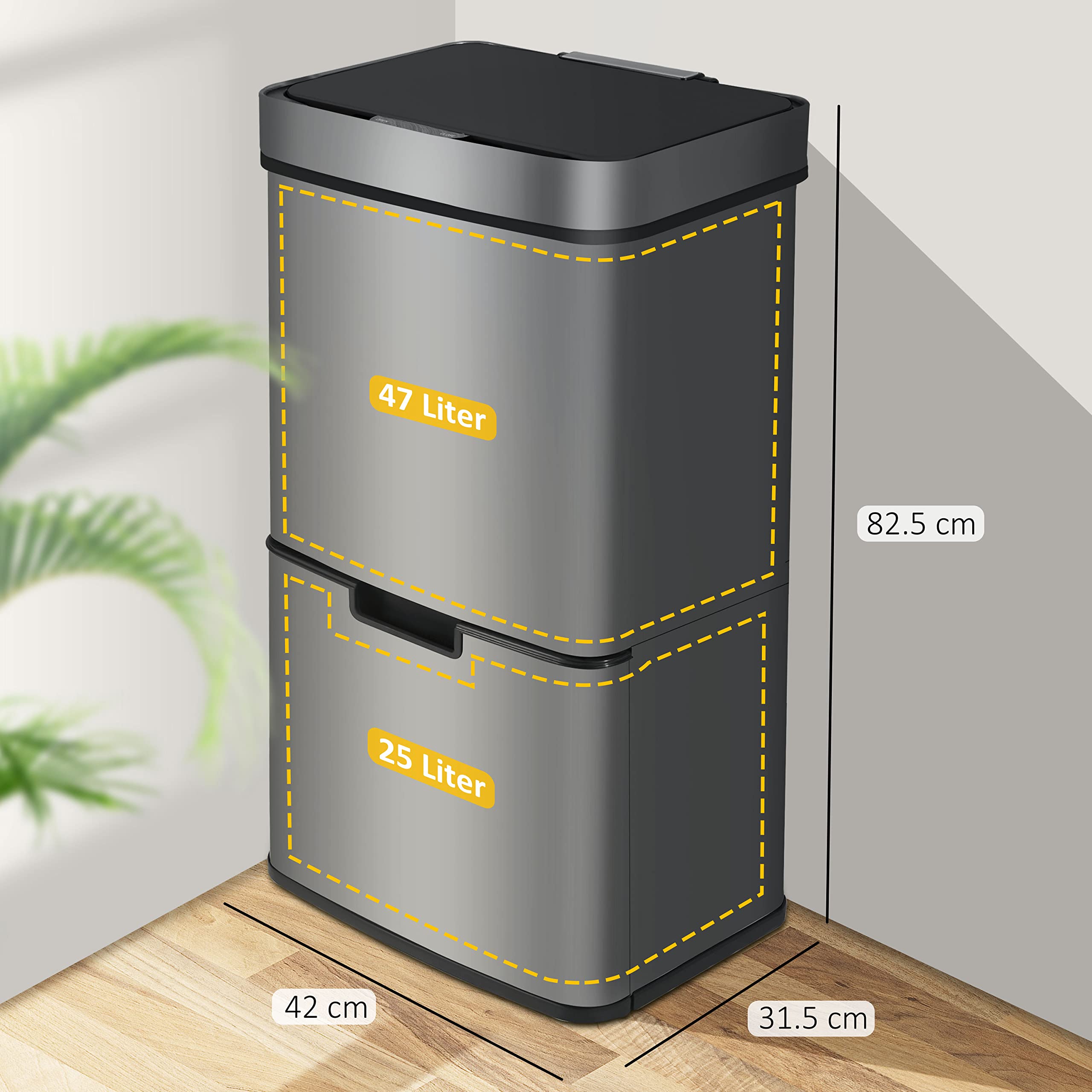 Ribelli Edelstahl - Mülltrennsysteme mit 3+1 Fächer - Mülleimer mit Sensor -iter (2x12 + 1x48 L) - Design Treteimer aus Edelstahl - Grau – Bild 2