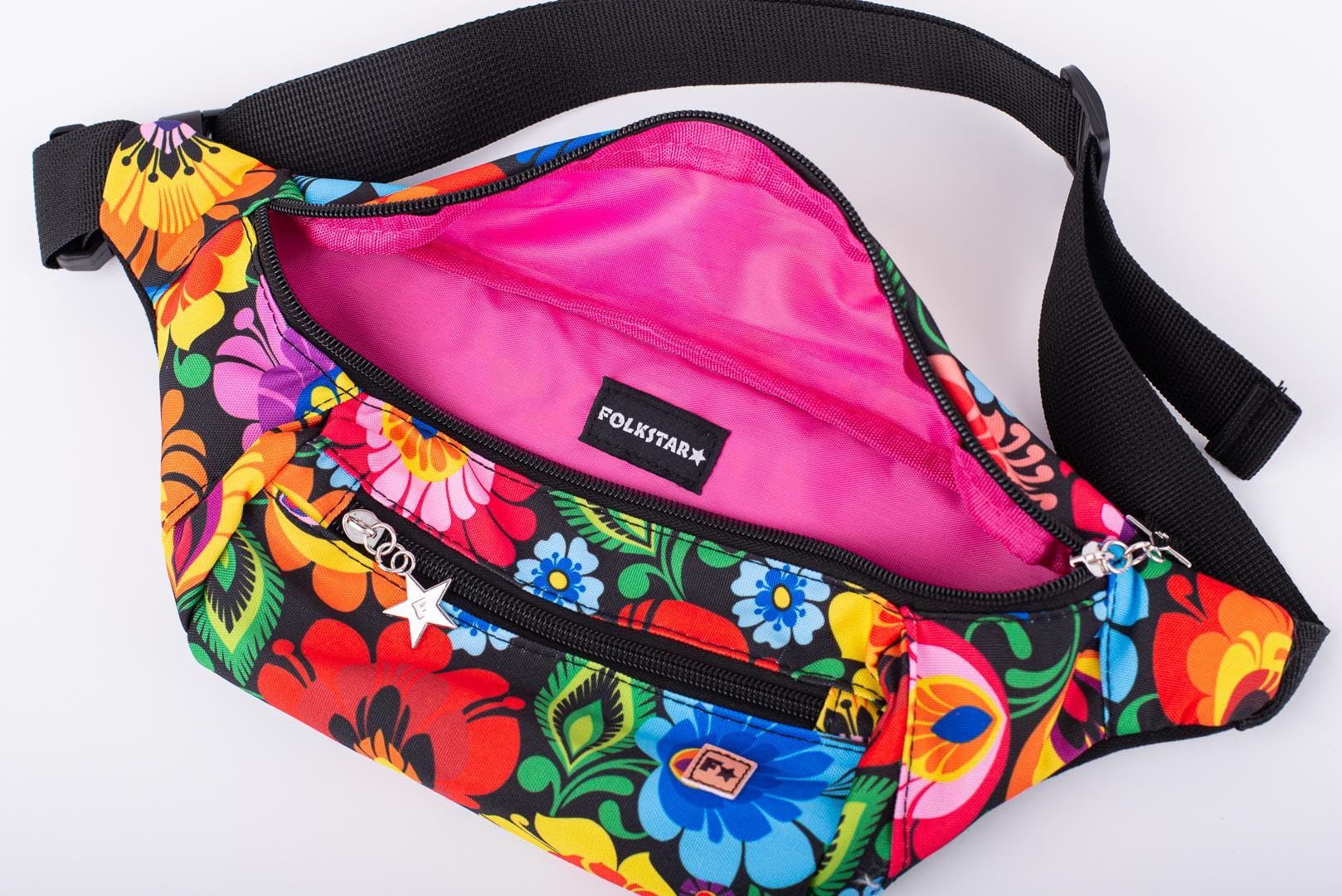Torba nerka crossbody unisex z 2 kieszeniami na zamek błyskawiczny, kwiatowy wzór polski, pamiątka z Polski, Łowicz Czarny, One Size, Kwiatowy crossbody