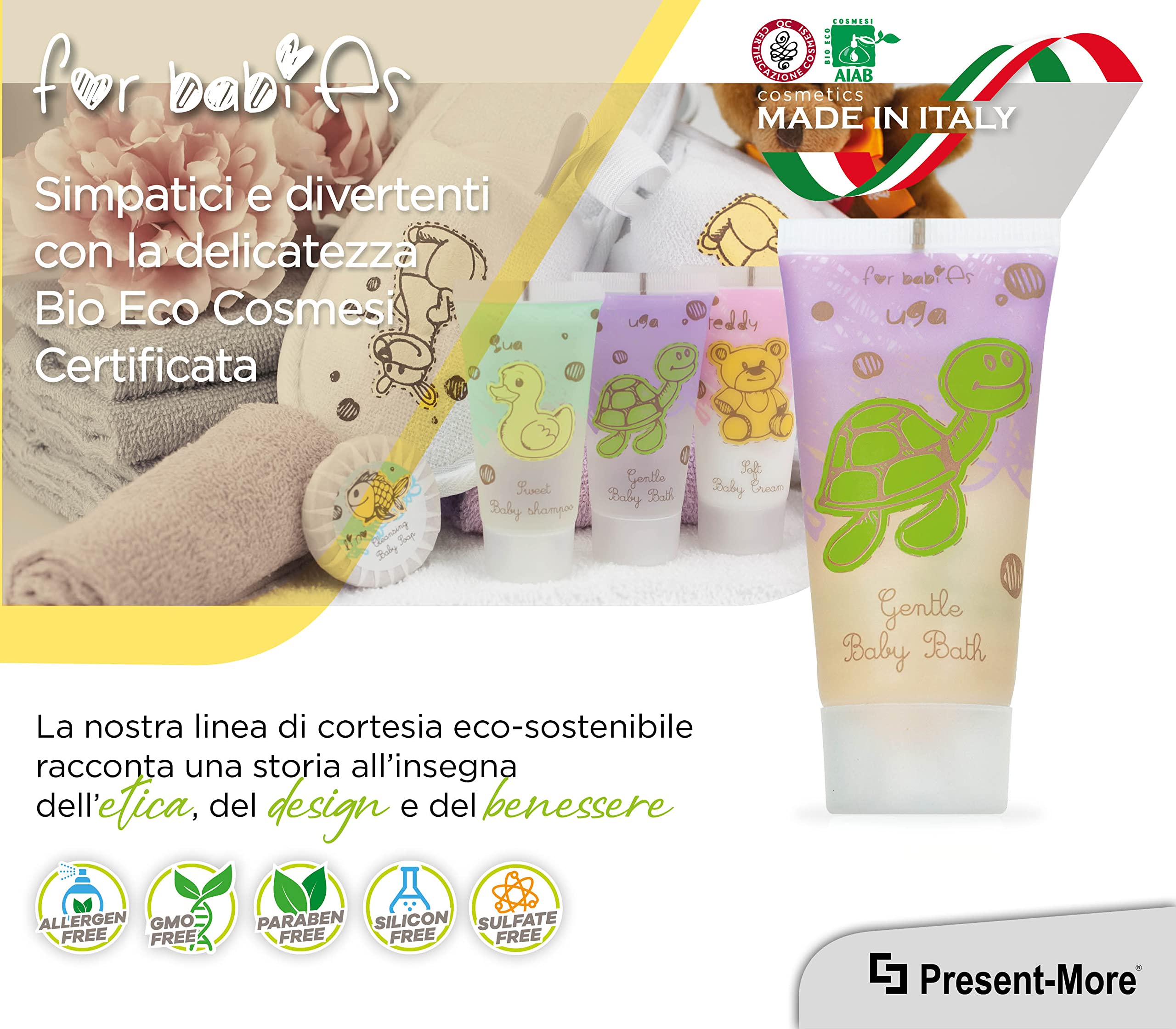 PRESENT-MORE - Bagno Schiuma 40ml For Babies - Confezione da 150 Pezzi - Bagnoschiuma Monodose Senza Allergeni - Fragranza Bubble - Made in Italy - Ideale per Hotel e B&B