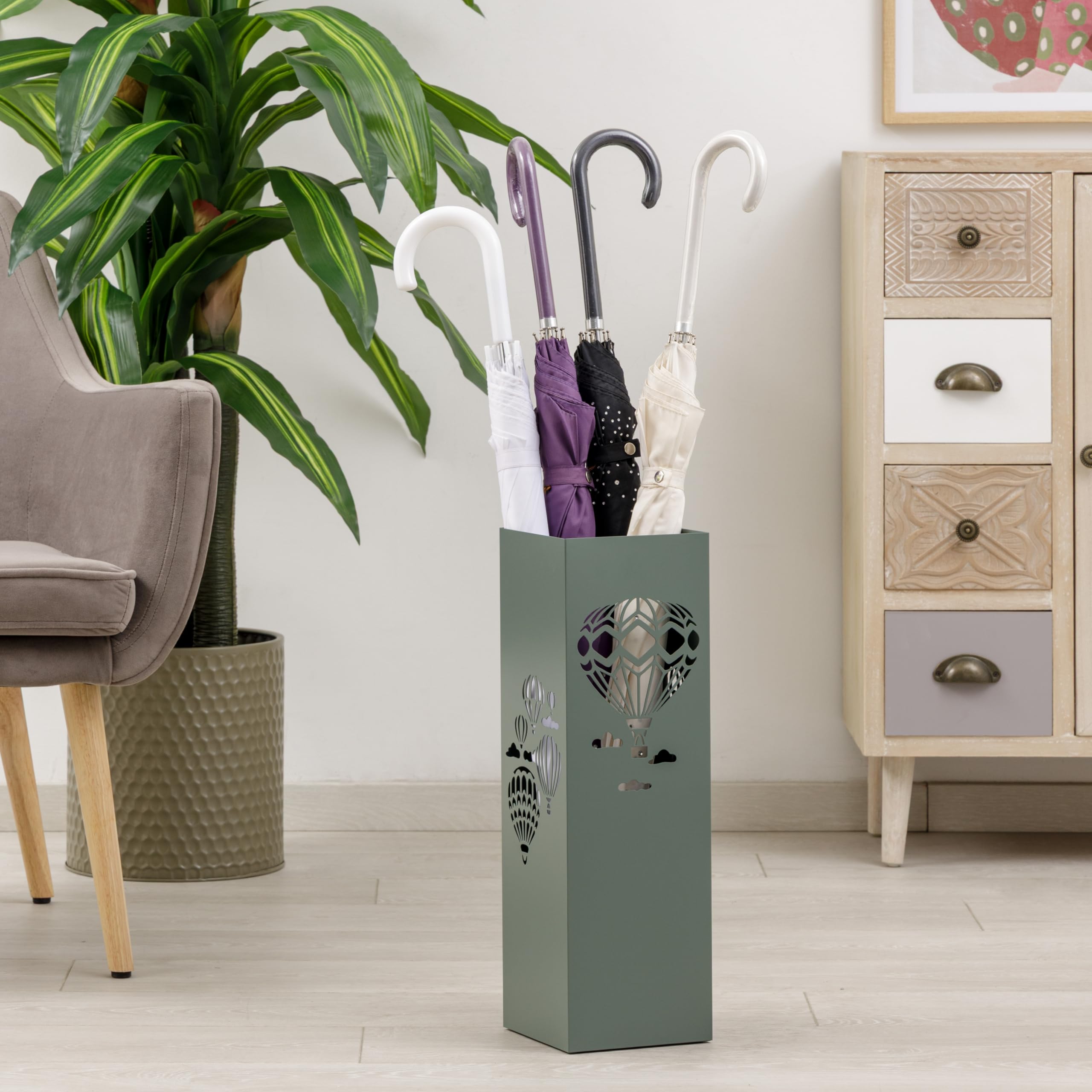 Baroni Home Portaombrelli Design Moderno Porta Ombrelli in Metallo con Mongolfiere 2 Gancini e Vaschetta Scolapioggia Rimovibile 16x16x49 cm Verde