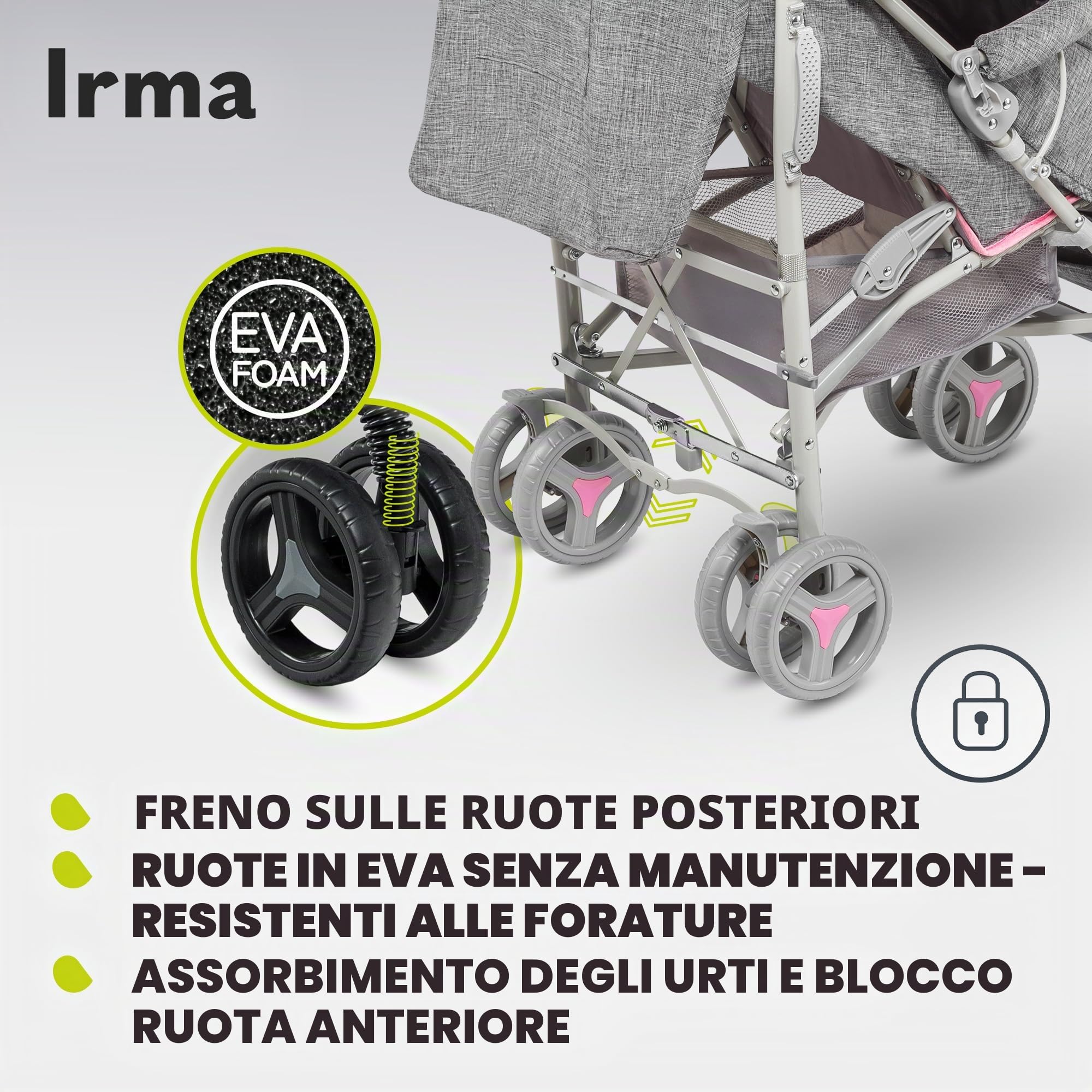 LIONELO Passeggino IRMA leggero e pieghevole per bambini fino a 3 anni, funzione sdraiata, imbracatura a 5 punti, ruote grandi da 6", zanzariera, cestino grande e cappuccio, maniglie girevoli