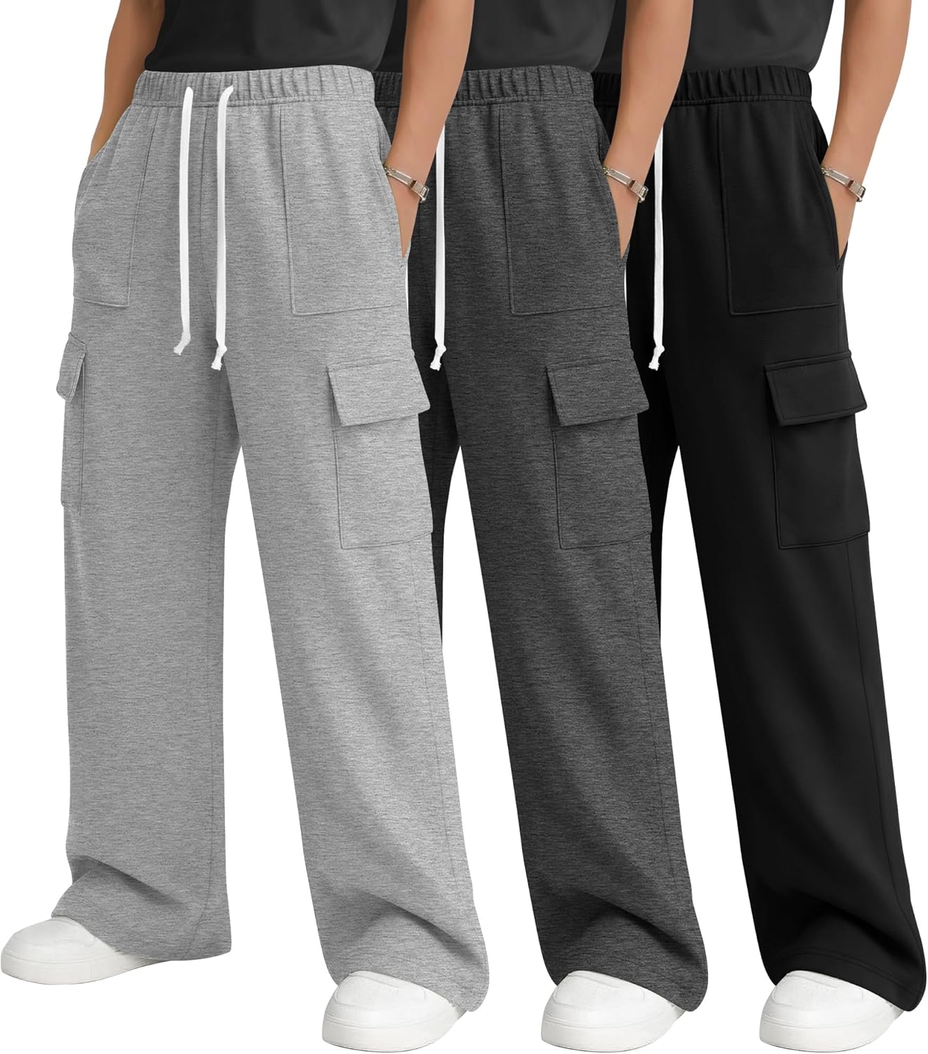 Oakgarden 3 Pack Boys Cargo Sweatpants Baggy Wide Leg Drawstring Pants Open Bottom Casual Workout Joggers 5-14Y