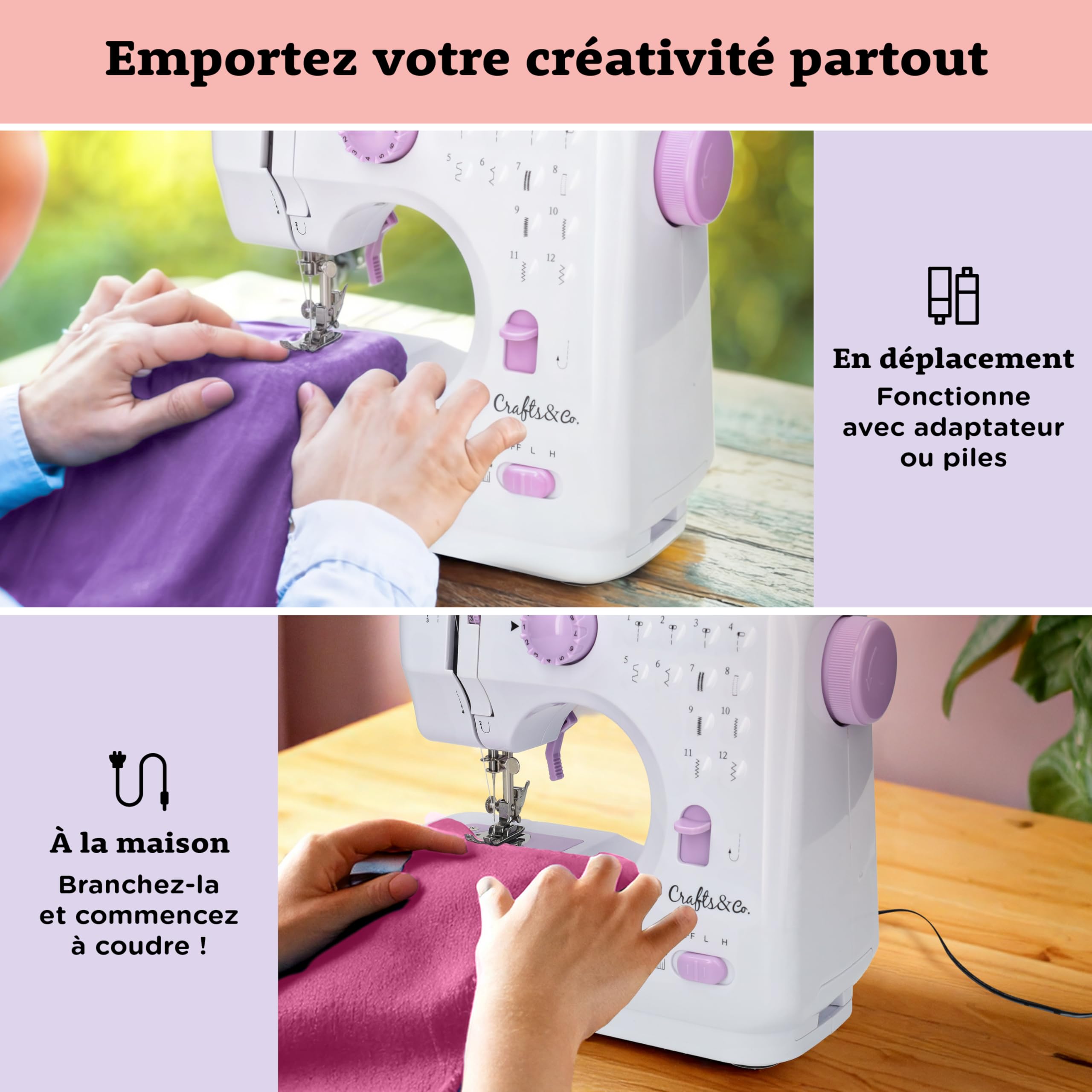 Crafts&Co® Machine à Coudre Portable Blanche | Mini Machine à Coudre Enfant avec & Pédale | 12 Points | Vitesse Réglable | Machine à Coudre Débutant | Machine à Coudre Pas Cher | Machine à coudre manuelle avec lumière LED intégrée et pédale de pied, 12 po