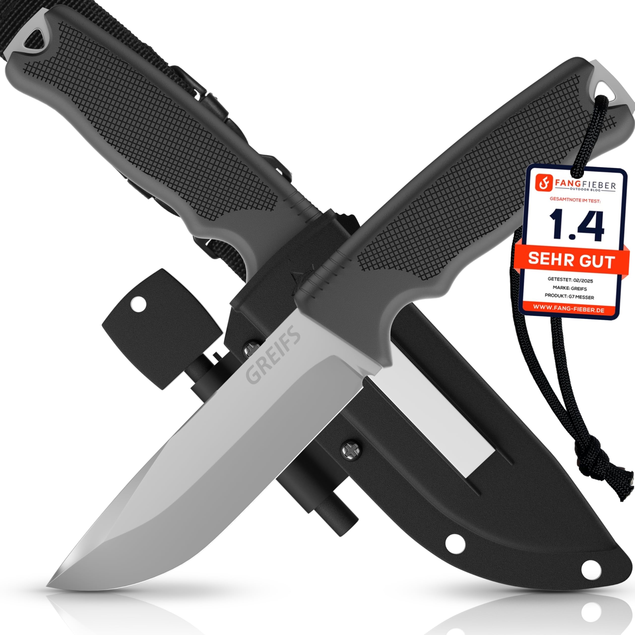 GREIFS® Outdoor-Messer G-Serie aus 440C Stahl mit Holster & Dangler, edles Survival Messer für die Bushcraft Ausrüstung, Jagdmesser, Schnitzmesser, Angelmesser (G7/Silber)