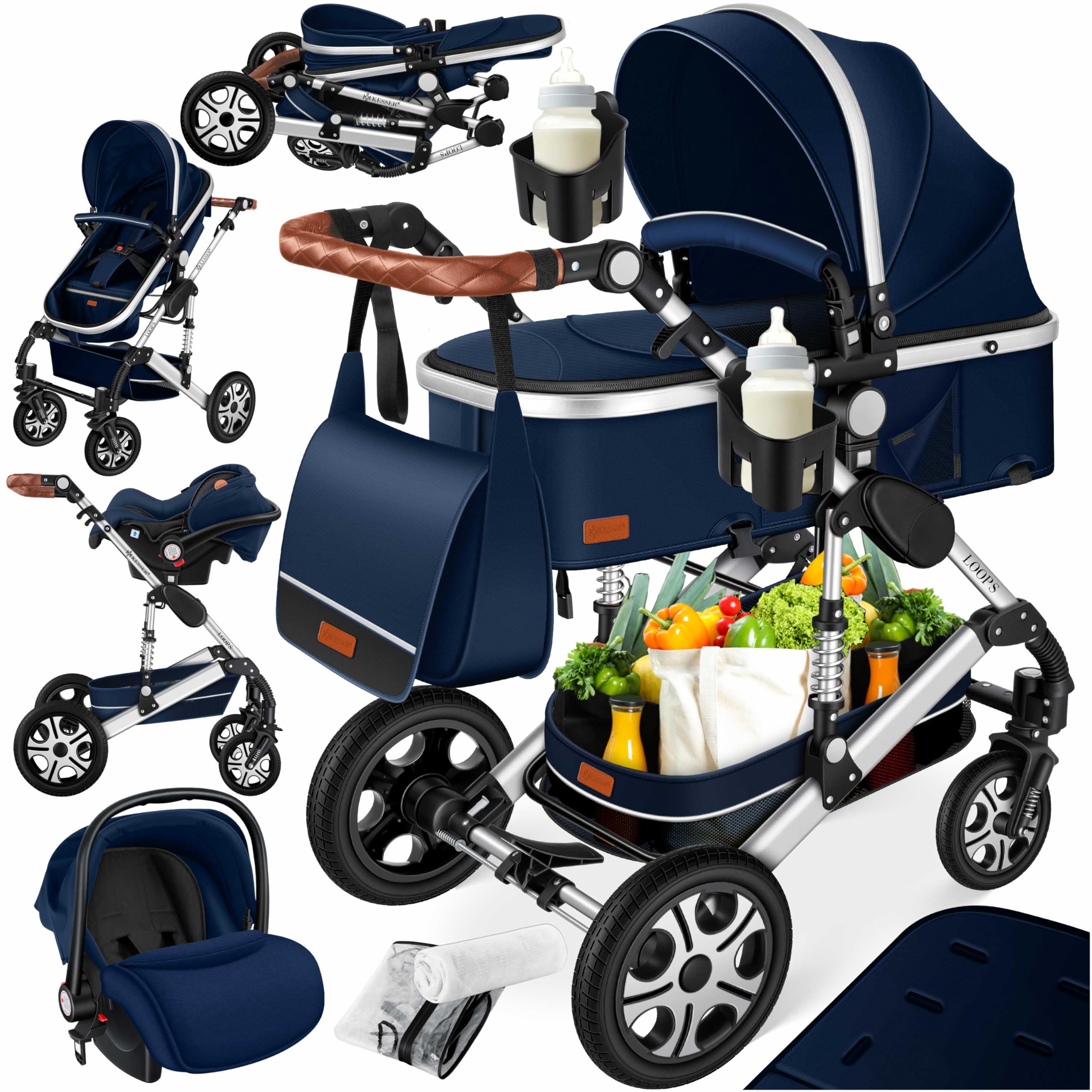 KESSER Ensemble poussette combinée 4 en 1 nacelle siège pneus caoutchouc plein ECE R129 Bleu Argent