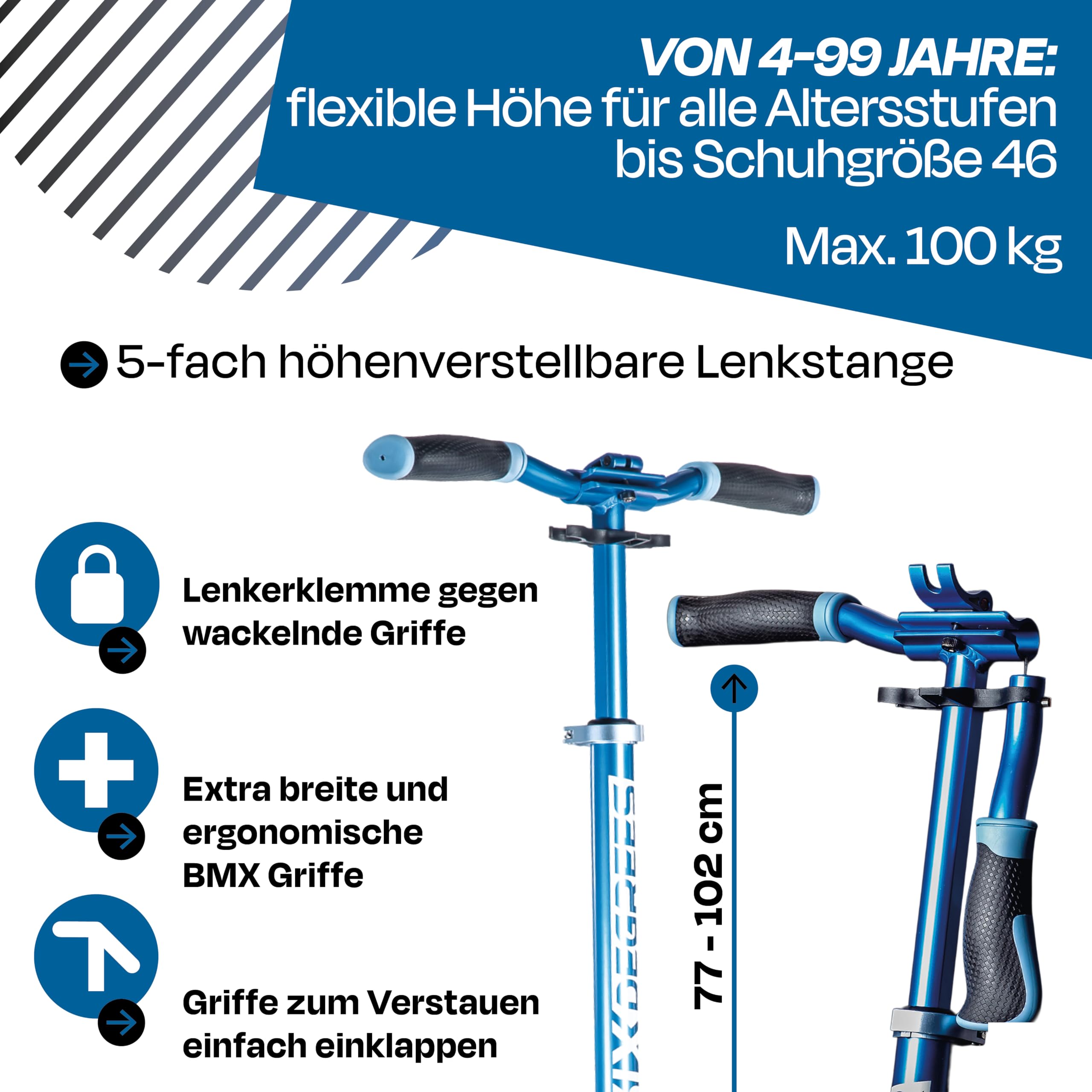 Six Degrees Aluminium Scooter mit Klappmechanismus, Ständer, 205 mm TESTSIEGER, ABEC 7, höhenverstellbar, GS-geprüft