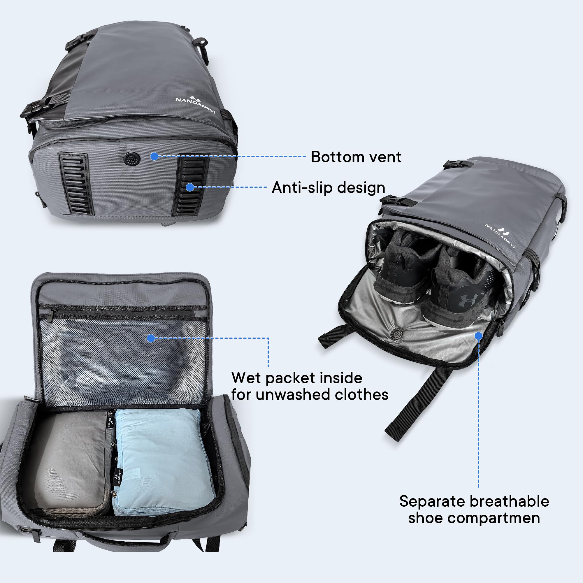 NANDADEVI Plecak męski, 40 l, duży, wytrzymały, wodoodporny plecak turystyczny z izolacją na sucho i mokro, plecak na laptopa o przekątnej ekranu 17,3", szary, 49 x 31 x 20 cm, 40 l, szary
