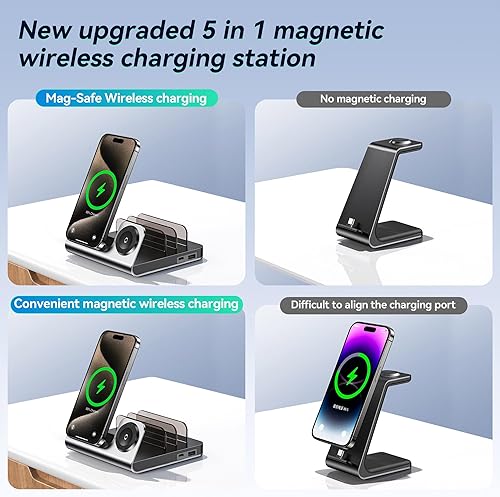 Miniatura 7 de WHJ Estación de carga inalámbrica 5 en 1 para dispositivos Apple, soporte de cargador inalámbrico Mag-Safe, cargador rápido magnético de 15 W para