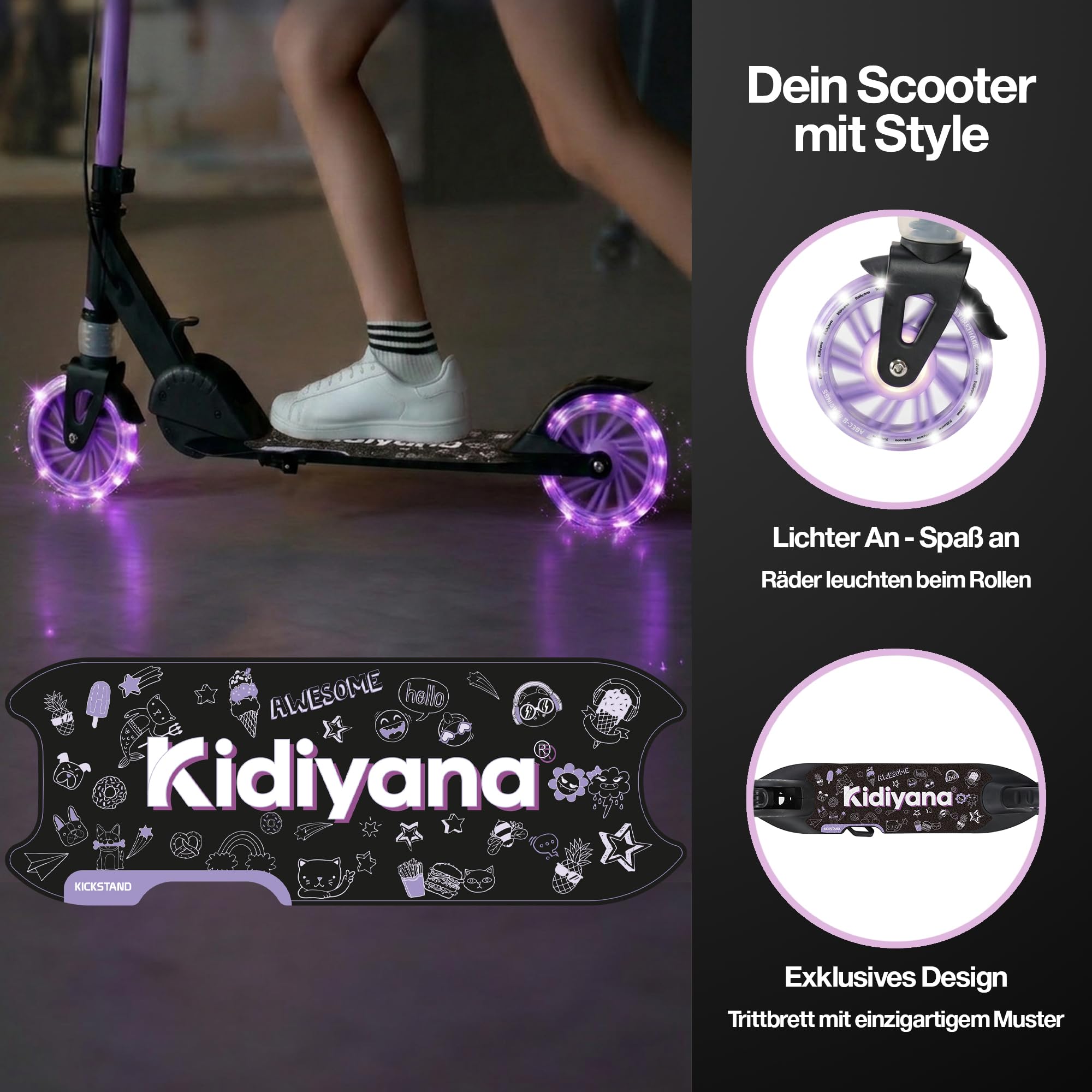 Kinderroller Scooter ab 5 Jahren bis 50 kg – Tretroller für Jungen & Mädchen mit 120 mm PU-Leuchträdern, ABEC-5 Kugellager, Handbremse & Stoßdämpfung, klappbar & höhenverstellbar
