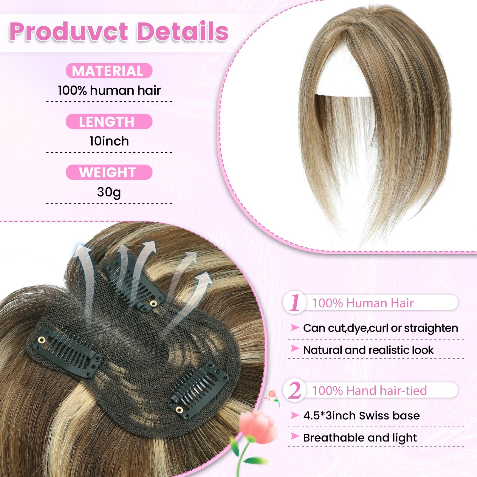 Hair Toppers for Women Fluffy Human Hair Topper 10inch Handmade Swiss Base Hairpieces 360° Cover Hairloss and Grey Hair (Medium Brown with Highlight) - Image 2