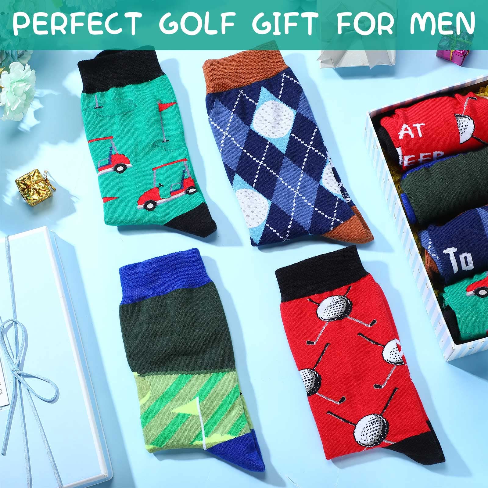 Handepo Lustige Herren-Golfsocken, Baumwolle, Golfzubehör für ihn, Weihnachten, lässig, Sport, Crew-Socken, Geschenk für Männer, Golfer, Opa, Kollegen, Mitarbeiter, Chef, 4 Paar