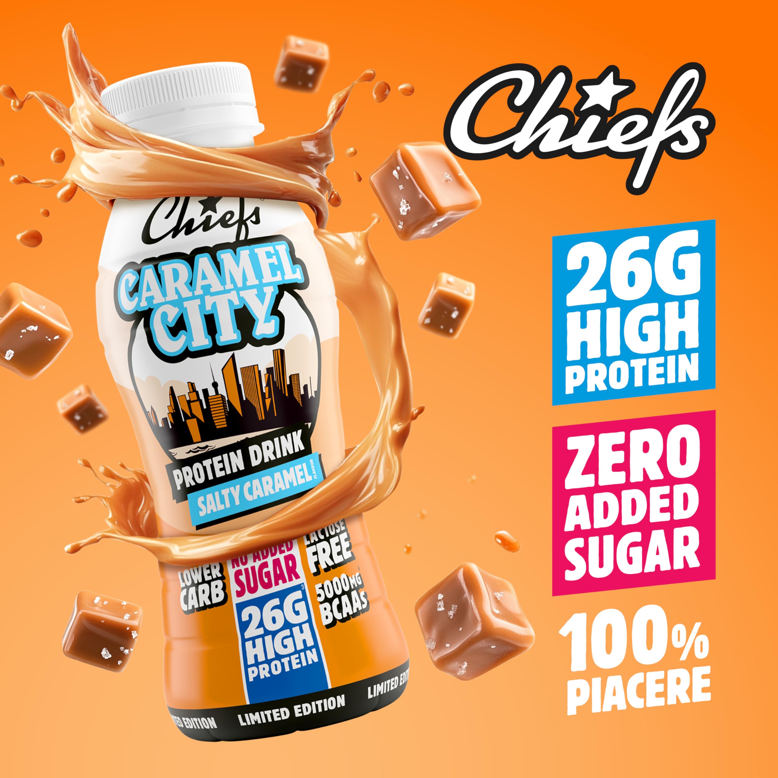 Chiefs Drink di Proteine, Bevanda Proteica al Caramello, Senza Lattosio, Senza Grassi e Zuccheri Aggiunti, 8 confezioni x 330ml
