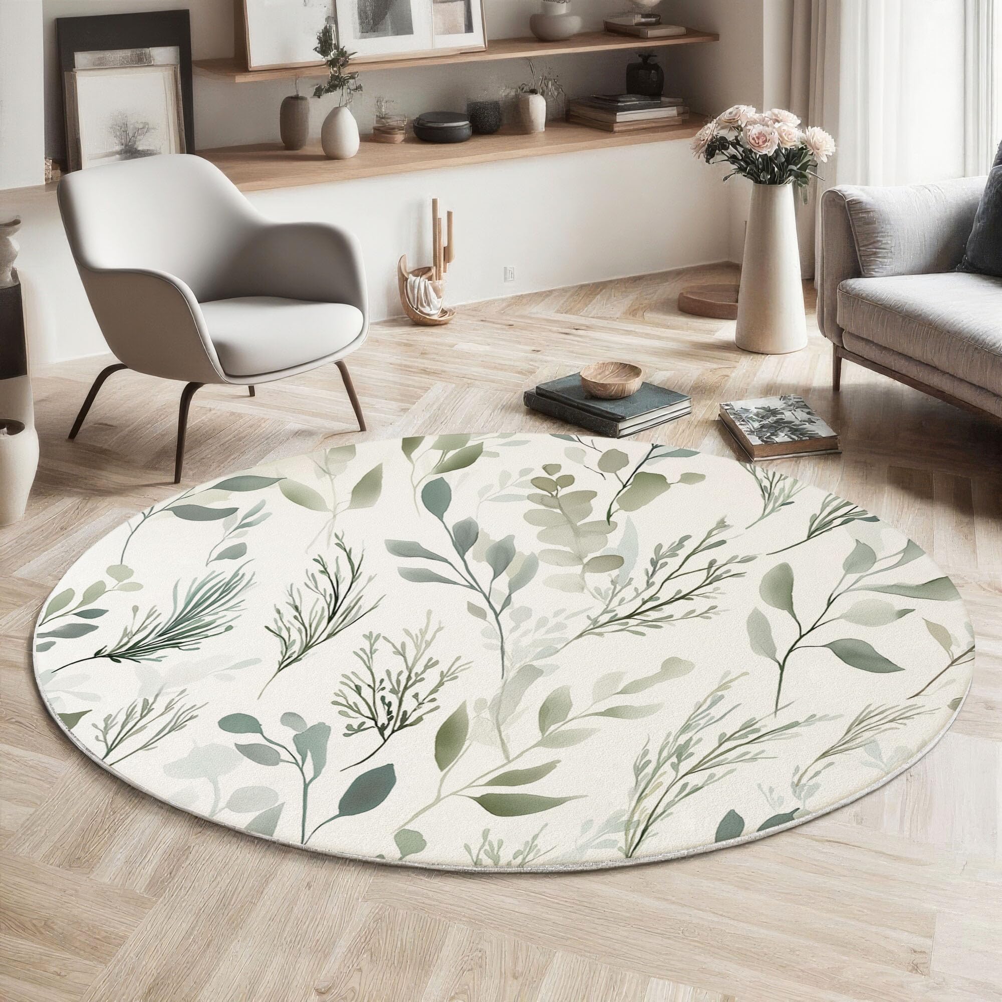 Tapis Rond Déco, Impression de Aquarelle Feuilles Vert Sauge Interieur Antidérapant Tapis Chambre Salle de Jeux pour Enfants, Moquette Doux Absorbant, Gris-Vert, 120cm