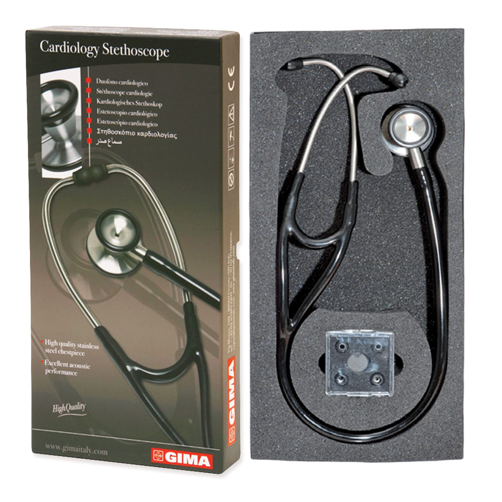 Gima - Stéthoscope de cardiologie classique avec tête en acier inoxydable, cloche en forme de cône pour basses fréquences, membrane haute sensibilité pour amplifier les sons, Lira Nero, 32552