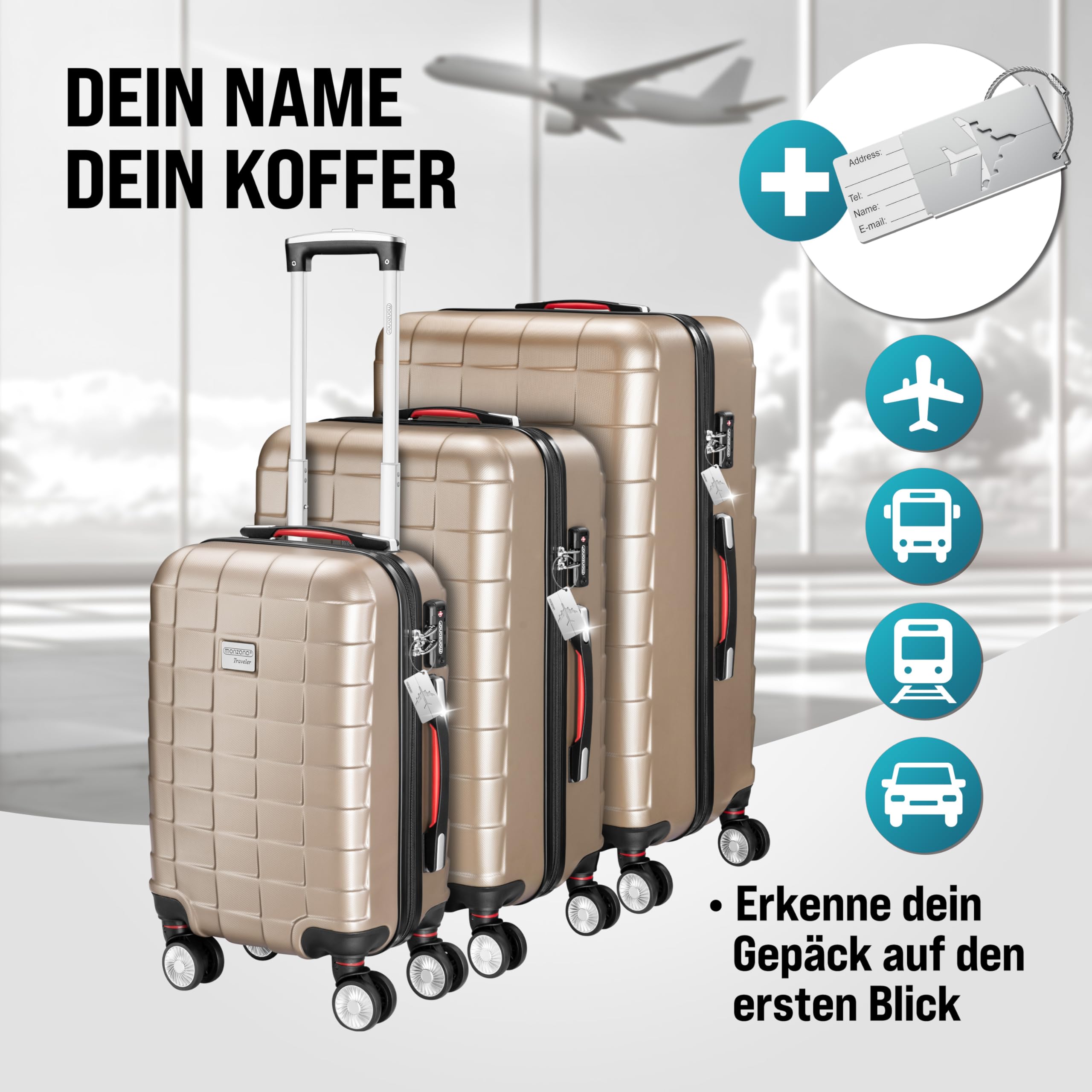 Monzana® 3tlg Kofferset TSA Schloss Organizer Kofferwaage Gel-Griffe Zwillingsrollen Standfüße Trolley Reisekoffer Hartschale Koffer M-L-XL Champagner