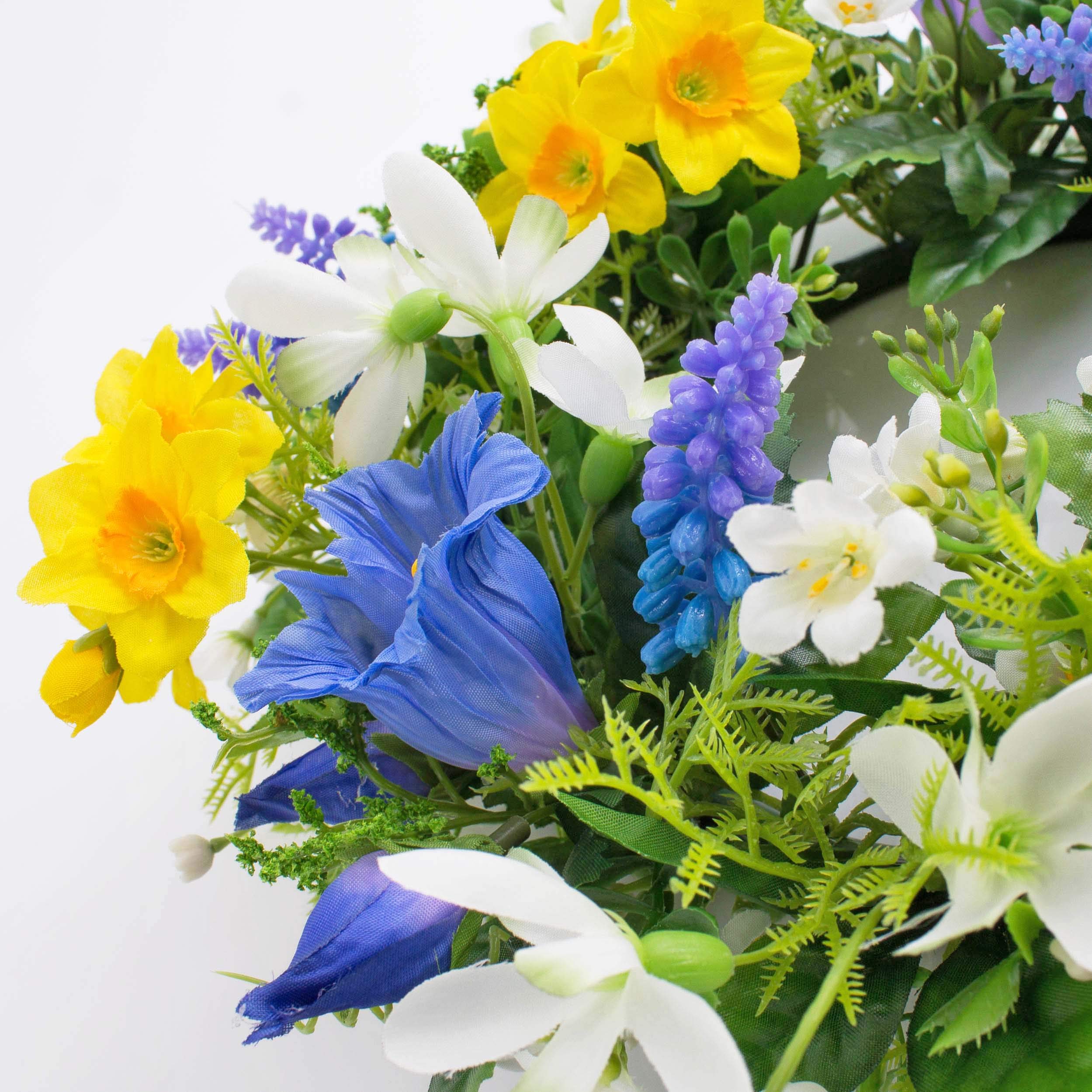 artplants.de Künstlicher Frühlingskranz Filippa, Narzisse, Hyazinthen, gelb - blau, Ø 30cm - Kunst Kranz - Deko Kranz | Narzisse, Hyazinthen - Kunst Kranz - Deko Kranz