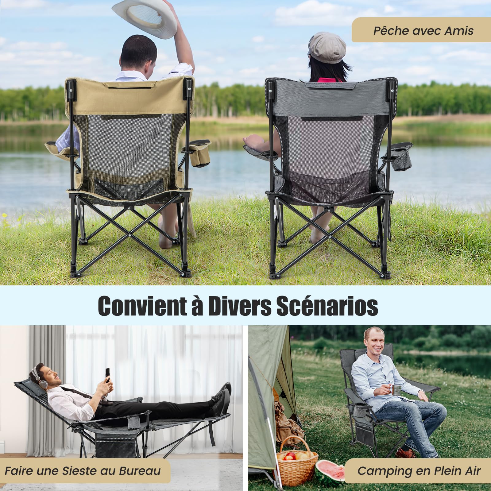 COSTWAY Chaise Pliante Camping, Chaise Longue Réglable sur 4 Positions, Repose-Pieds Amovible, Appui-Tête, Poche, Porte-Gobelet, Fauteuil Inclinable pour Plage Pêche Bureau, Charge 150 KG, Gris