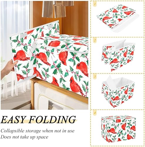 Miniatura 5 de Krafig Caja de almacenamiento plegable de Navidad, bayas rojas de acebo, pájaros cardenales, cubos grandes, contenedores organizadores con tapas y