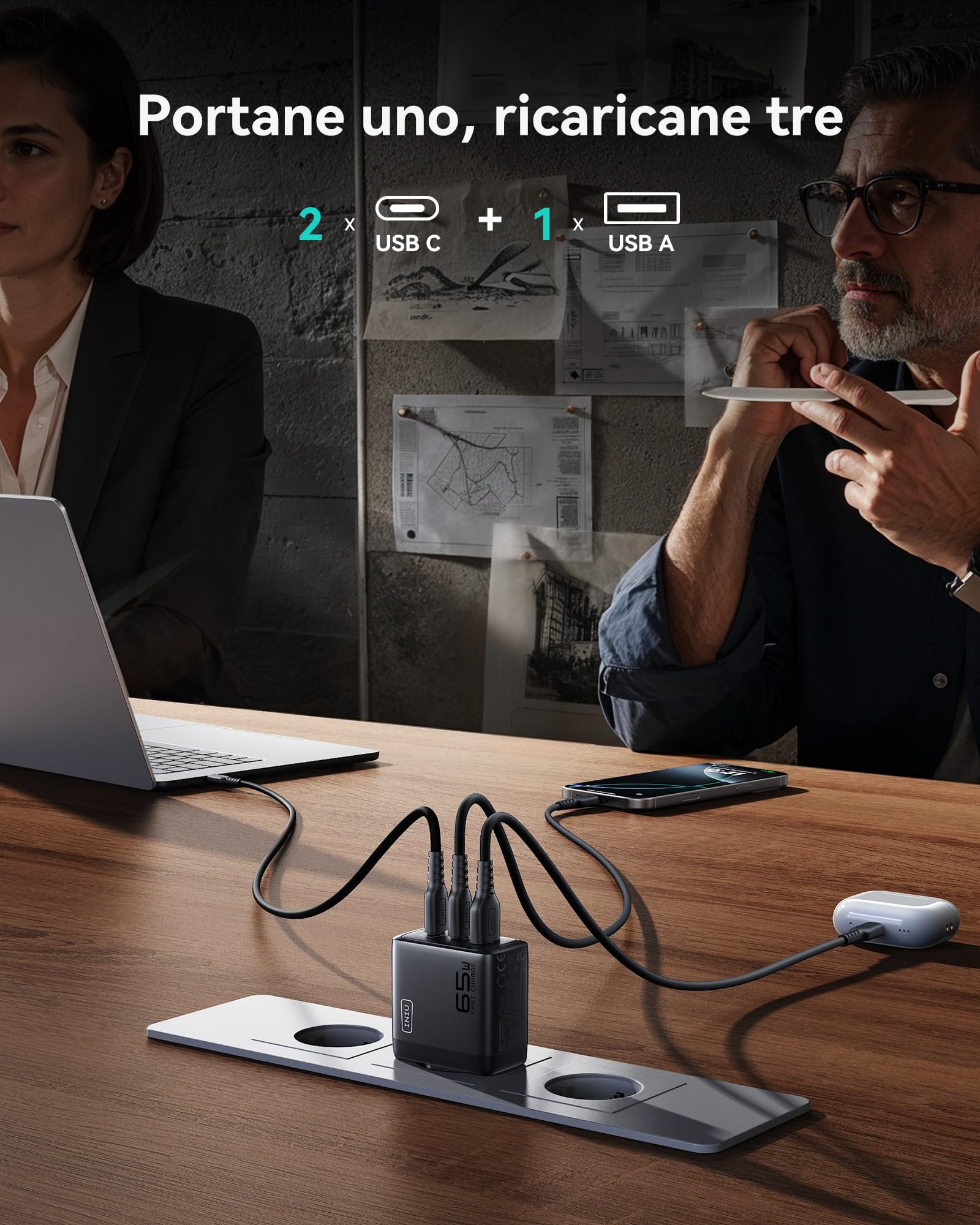 INIU 65W Caricatore USB C, 3-Porte Presa USB Multipla PD & QC per iPhone 16 15 Pro Max, iPad Pro, Samsung S25 S24 S23