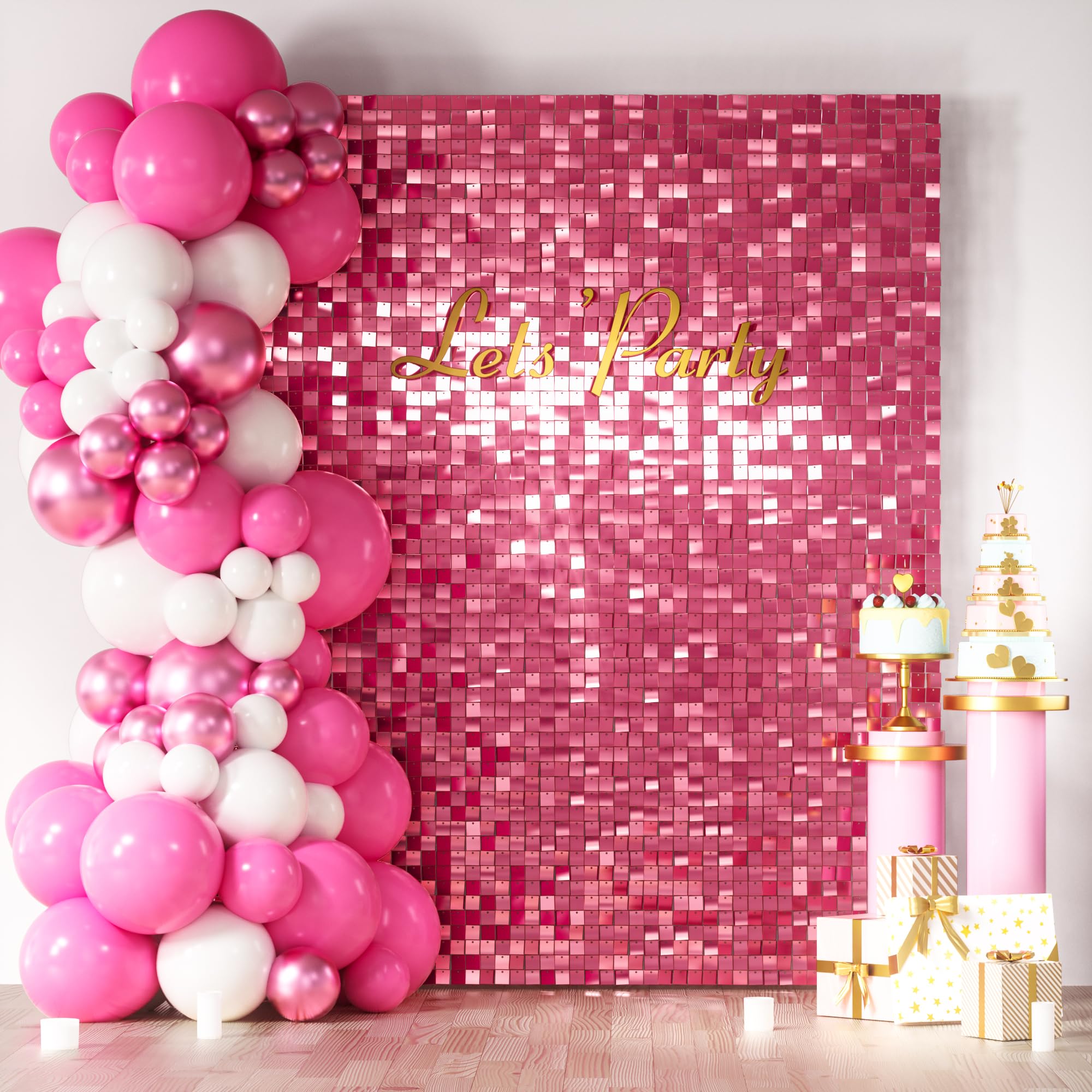 COKAOBE Pink Shimmer Wall Backdrop, 24PCS Square Sequin Shimmer Backdrop Panel, Photo Backdrops for Birthday, Anniversary, Wedding, Graduation &