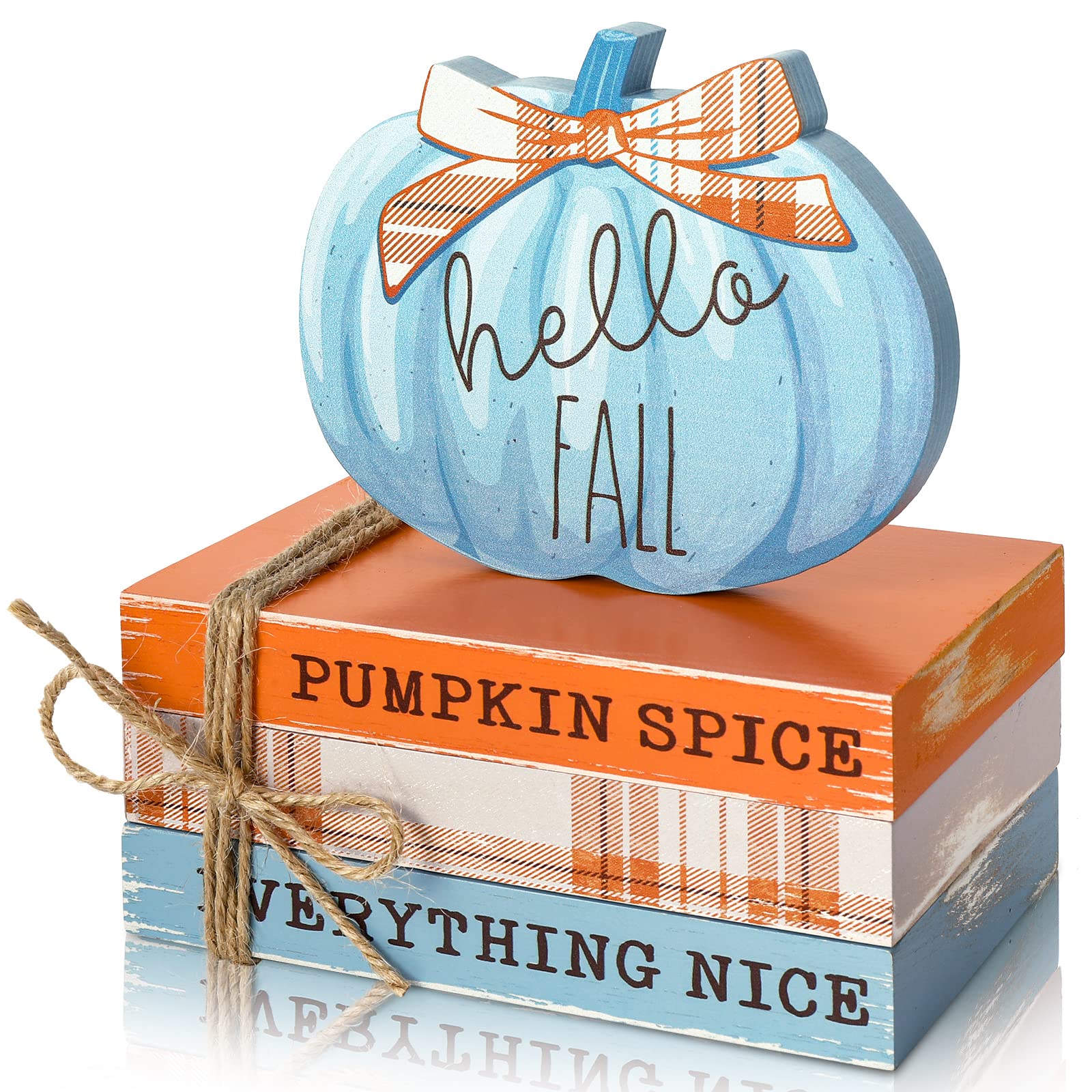 Whaline Fall Wooden Tiered Tray Decor Faux Decorative Stacked Books Bundle Wooden Pumpkin Decor Hello Fall Wooden Block Sign for Autumn Thanksgiving Farmhouse Rustic Decor Kitchen Home Decoration