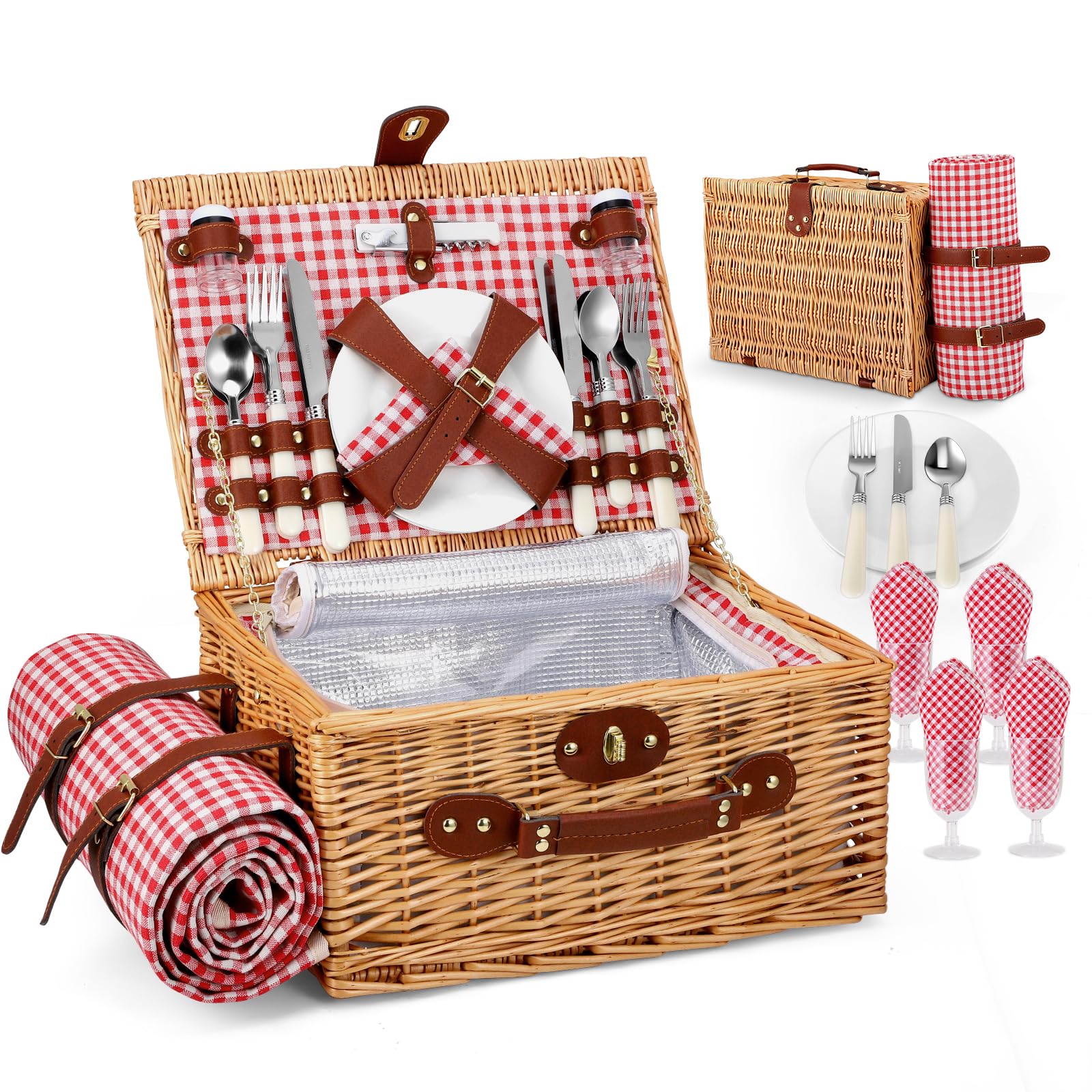 Cesta de Picnic Mimbre para 4 Personas, Cesta Trenzada a Mano con Aislamiento Integrado y Manta Impermeable – Set Completo con 4 Cubiertos, Platos, Vasos para Camping Playa jardín