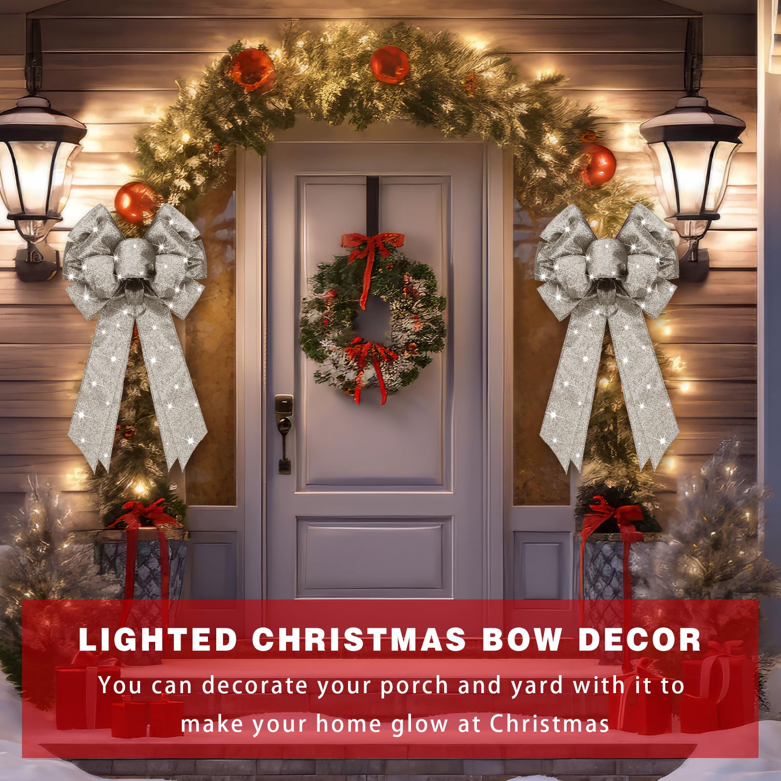 Giegxin Lot de 4 nœuds de couronne de Noël à DEL en toile de jute avec lumières LED pour décoration murale d'intérieur ou d'extérieur (argenté)