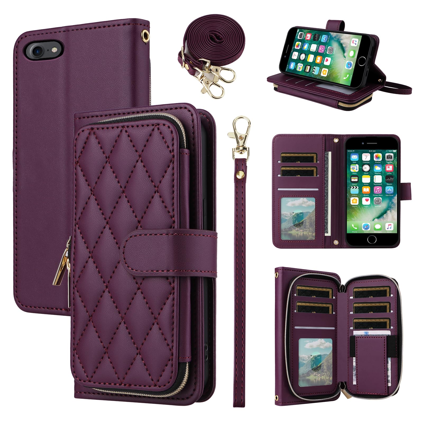 Furiet Argyle Wallet Case for iPhone 7/8/SE 2020/2022 with Wrist Strap Shoulder Strap Card Slot Phone Cover for iPhone7 iPhone8 7s 8s i SE2020 SE2022