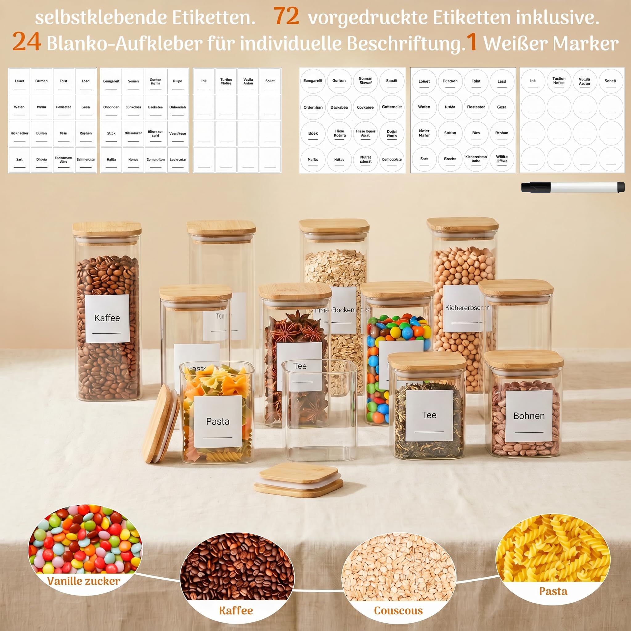 Vorratsgläser mit Deckel luftdicht 12er Set (Bambus), Vorratsdosen Glas mit Deckel, Glasbehälter für Küche, Aufbewahrungsgläser für Müsli, Kekse & Lebensmittel, Gesamtvolumen 9,2 Liter