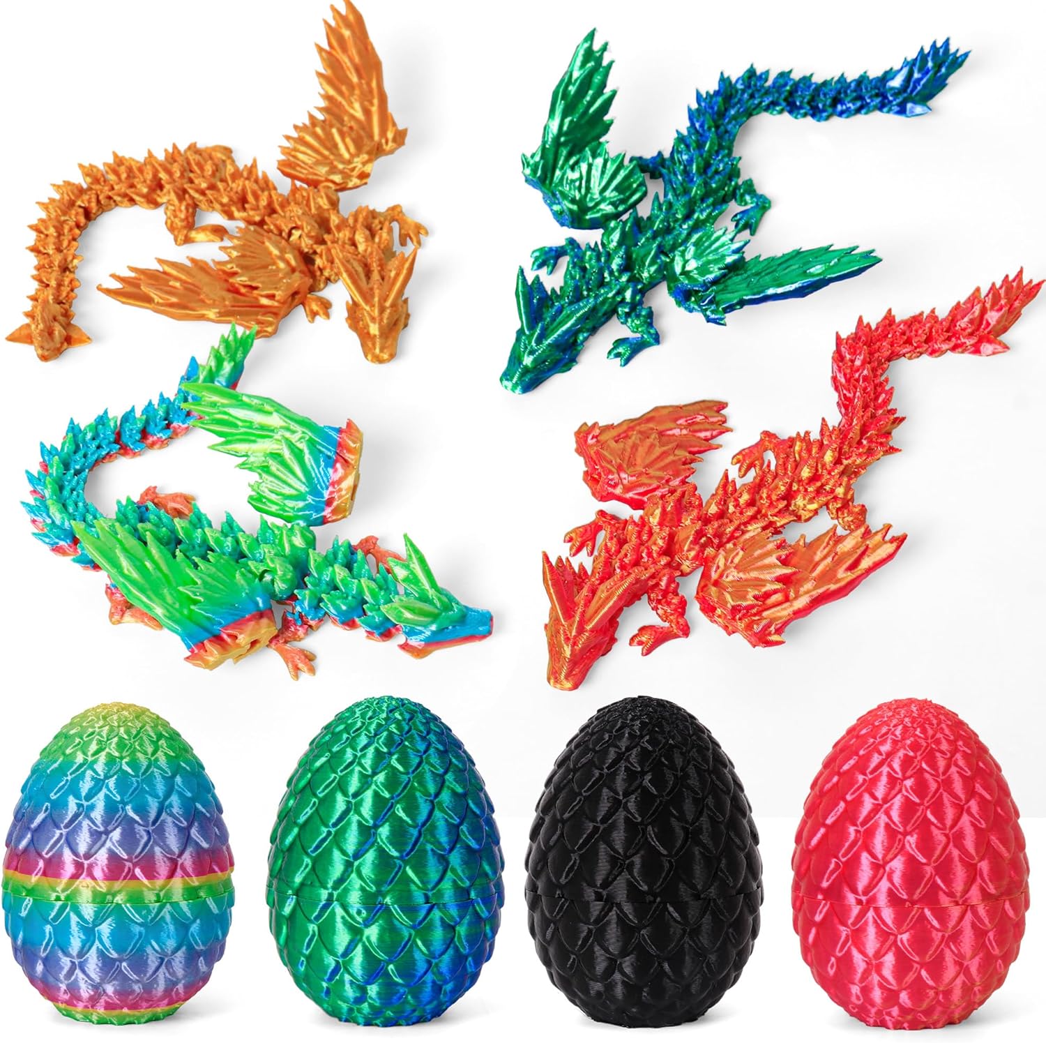 3D Printed Dragon Eggs with Dragon Inside, Easter Mystery Dragon Egg Articulated Crystal Dragon Fidget Toy, Surprise 3D Printed Dragon Egg with Wings Flying Animals Toy Easter Basket Stuffers 4PCS(B)