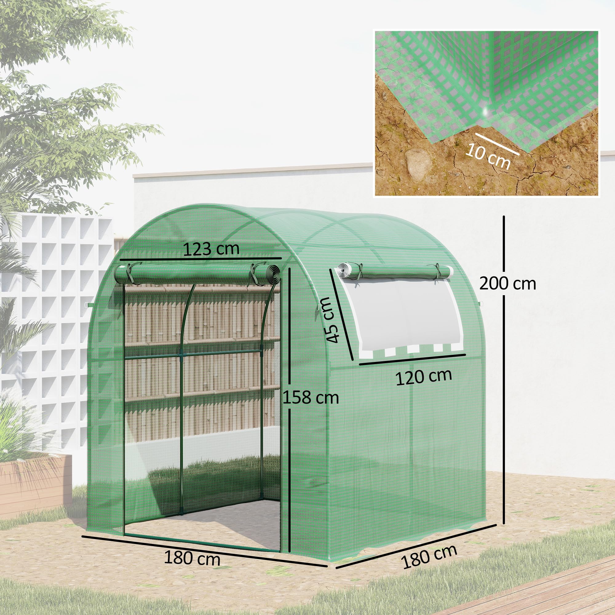 Outsunny Serre tunnel de jardin 3,24m² 180x180x200cm cadre acier porte fenêtre enroulables bâche PE verte