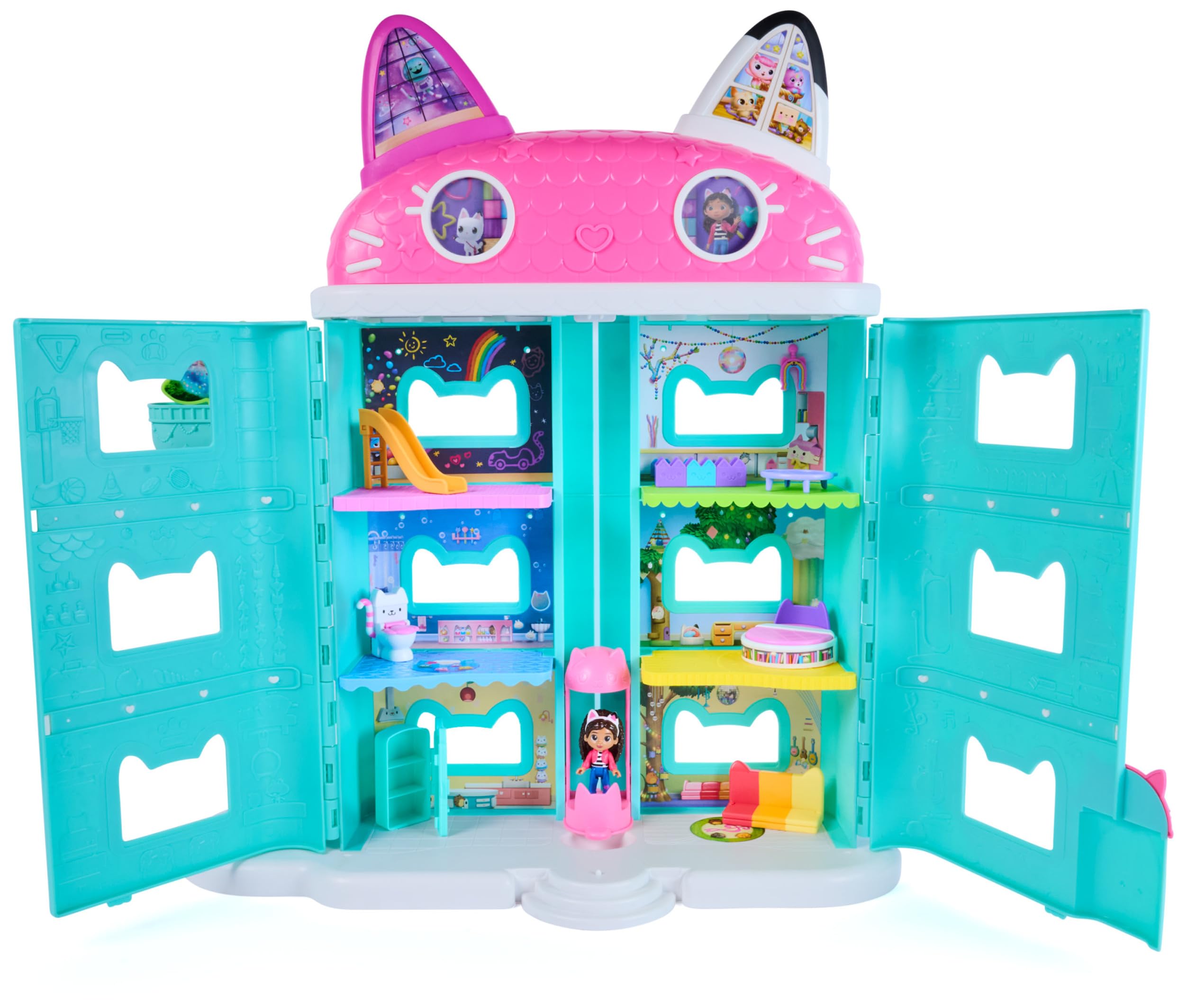Gabby's Dollhouse Playset GabbysMeowMazing Dllhse I | 63 cm groß, 15-teiliges Set, Mit Gabby & 2 Katzenfiguren, Erweiterbar, Magische Lentikular-Augen
