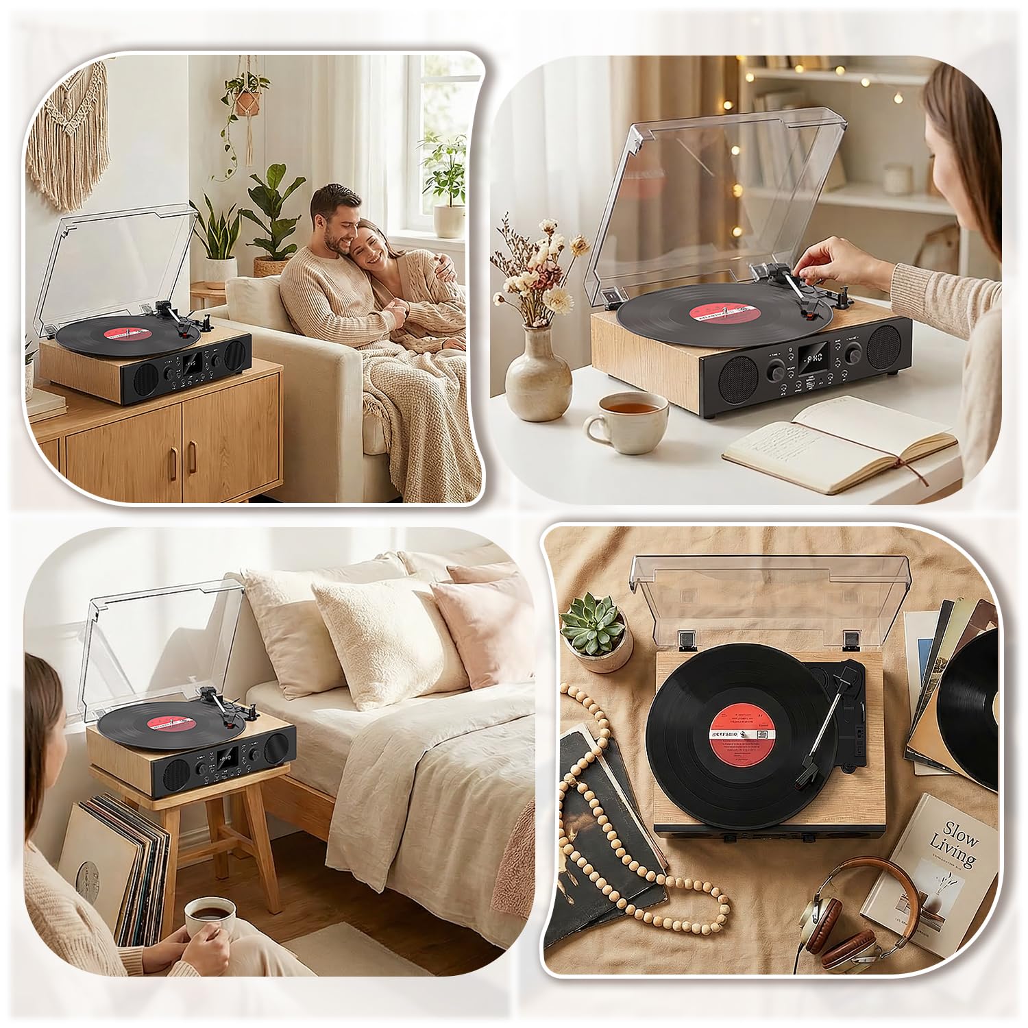 Odtwarzacz płyt z wbudowanymi głośnikami, gramofon Bluetooth w stylu vintage, 3 prędkości, z nagrywaniem USB, odbiorem Bluetooth, wyjściem liniowym RCA i wejściem AXU, radiem FM, odtwarzaczem płyt
