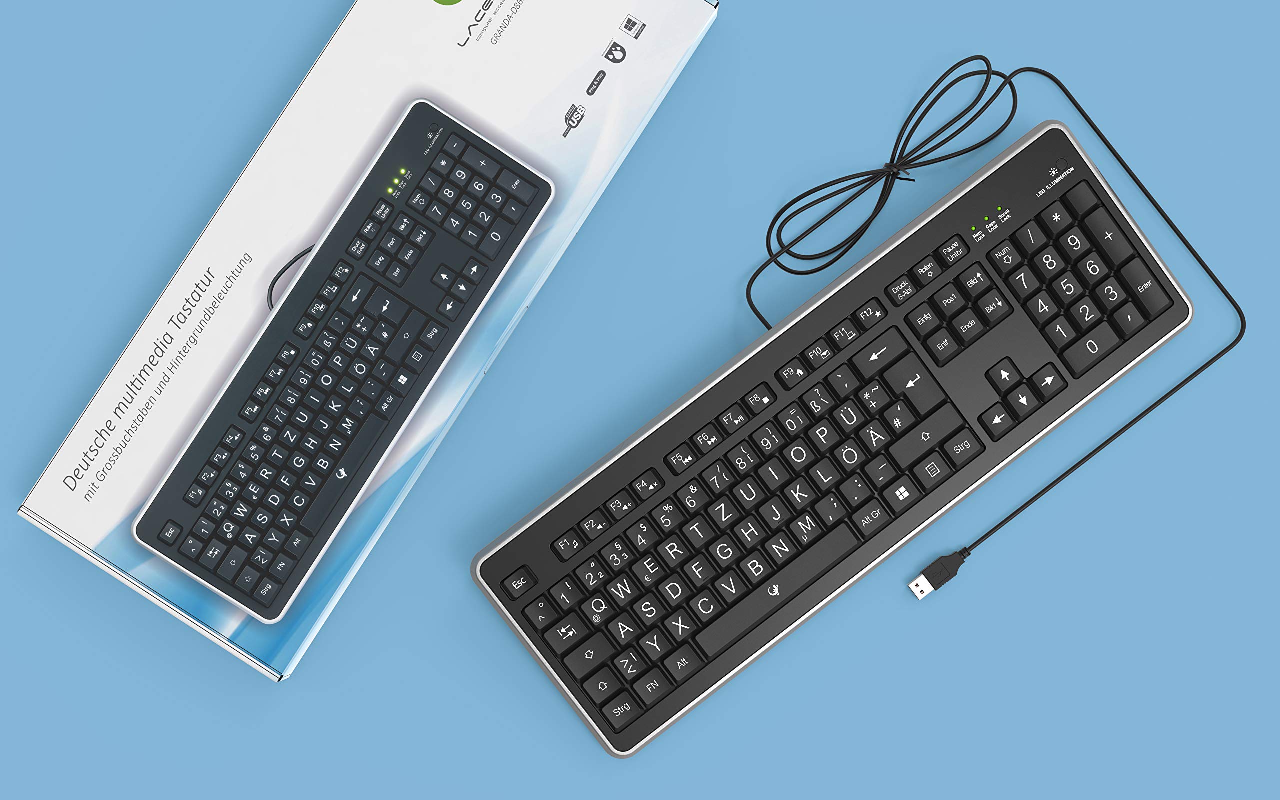 Deutsche Tastatur (QWERTZ) mit großen Buchstaben, weißer LED-Beleuchtung & USB-Anschluss - Für Senioren, Kinder & Sehbehinderte - Keyboard, Computer-Zubehör, beleuchtet, kabelgebunden