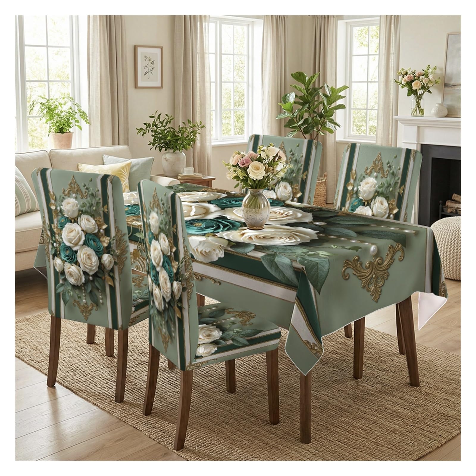 KXUAUV Luxury Green Gold Baroque Rose Print Tablecloth And Chair Covers Set, Stretch Slipcovers For Elegant Formal Dining Room Banquet Decor, 5/7 Pack Party Decor(5pcs Set: Tablecloth+Chair Covers)