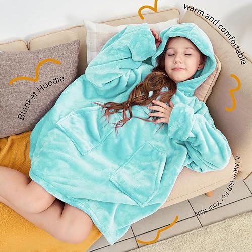 Miniatura 5 de Aemicion Manta con capucha para niños, súper suave, cálida, de gran tamaño, sudadera con capucha para niños y niñas, color verde azulado