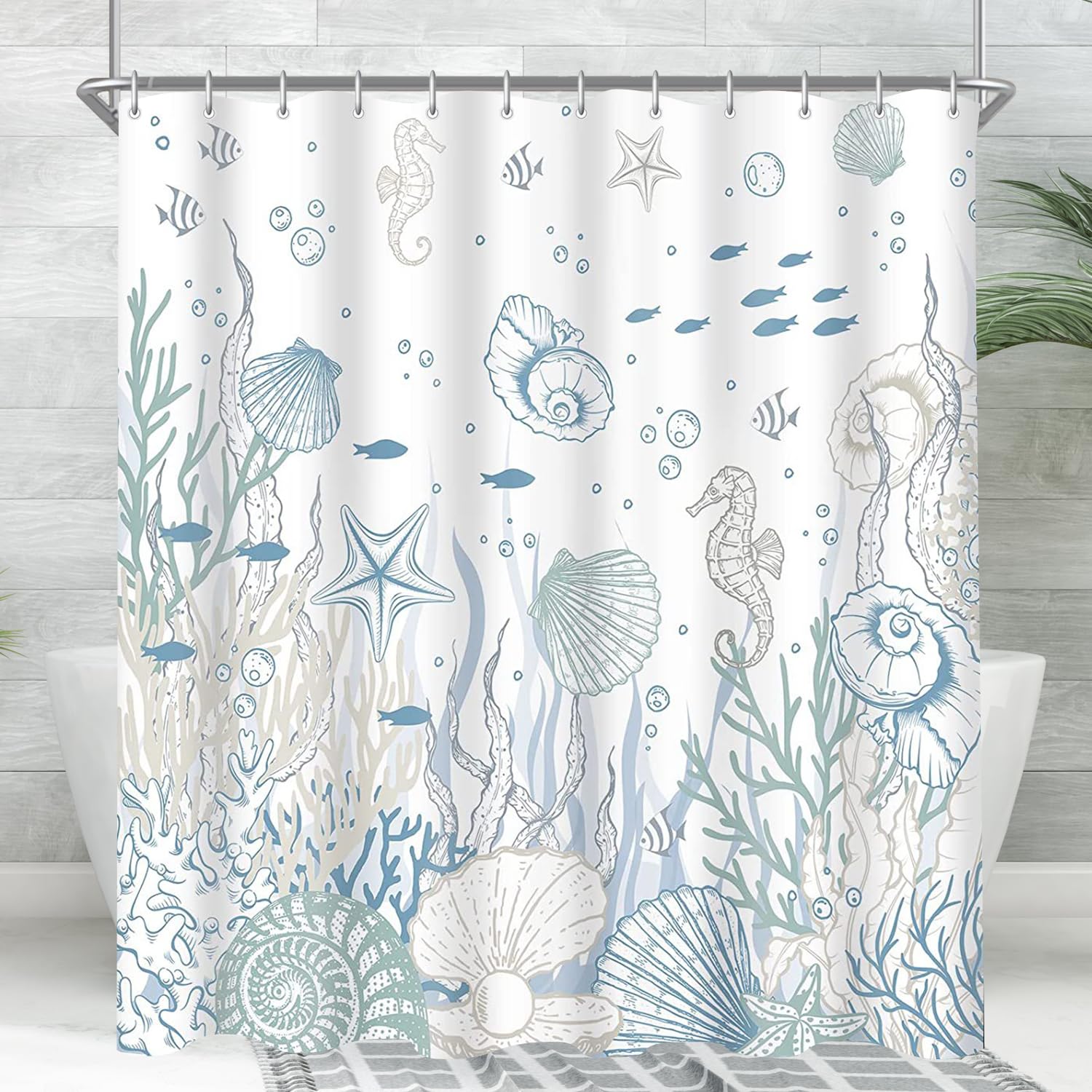 Lerores Tenda da doccia 180 x 180 cm, fondo marino, in tessuto antimuffa, orlo appesantito, impermeabile, lavabile, in tessuto di poliestere, con occhielli e 12 anelli per tenda da doccia per bagno,