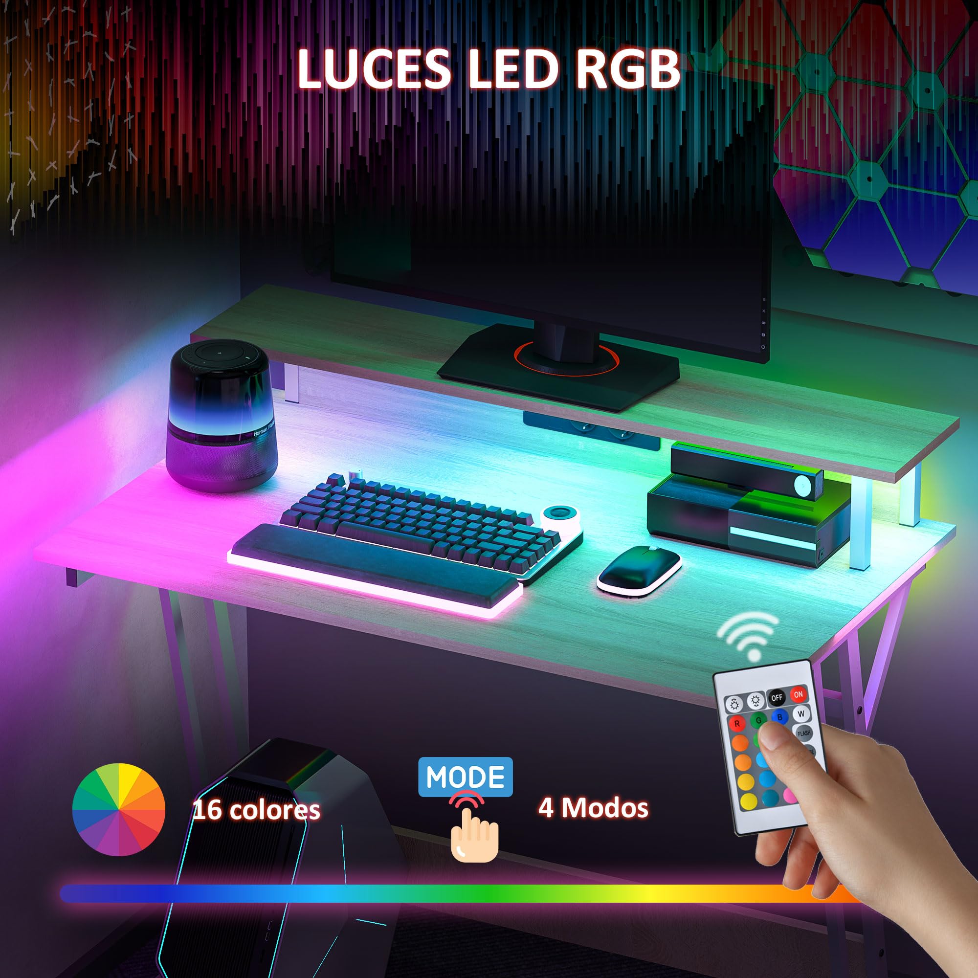 HOMCOM Bureau Gaming avec LED, Prises, 100x60cm Naturel