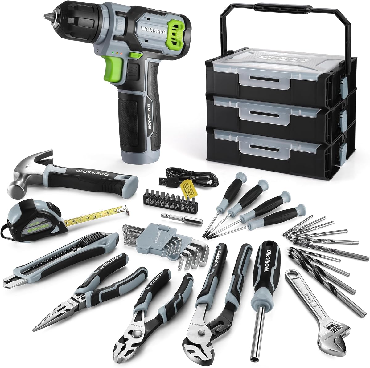 WORKPRO Power Drill Set & Tool Kit set, 8V Cordless Drill Driver & ToolBox | 43PCS, 3/8" Keyless Chuck, 2.0Ah Battery, Portable for Home Repair & DIY