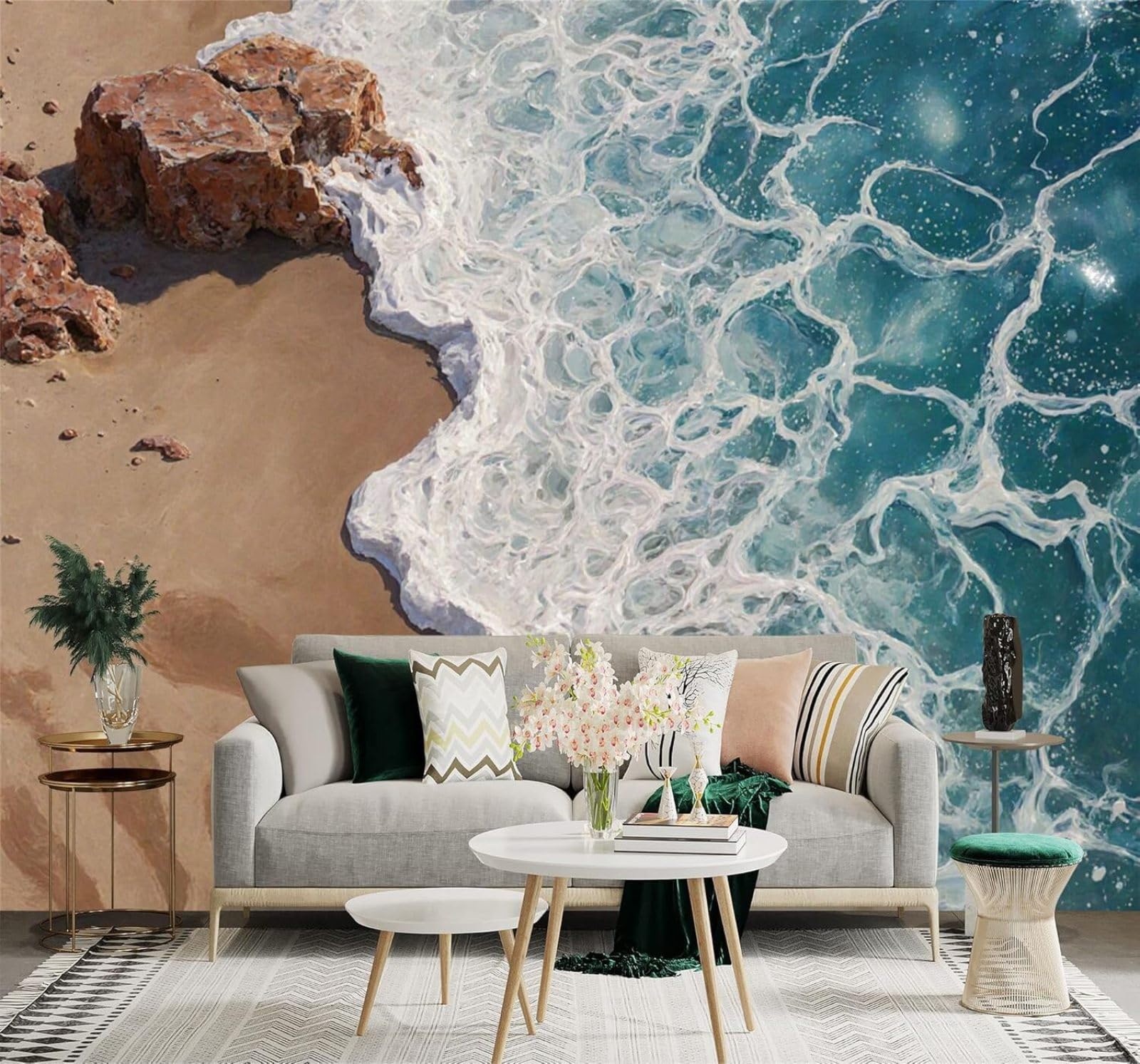 XLMING Abstract Waves Beach Rocks Seascape 3D Wallpaper Premium Textured Silk Study Dining Living Room Bedroom Sofa TV Wall Easy Install-300cm×210cm