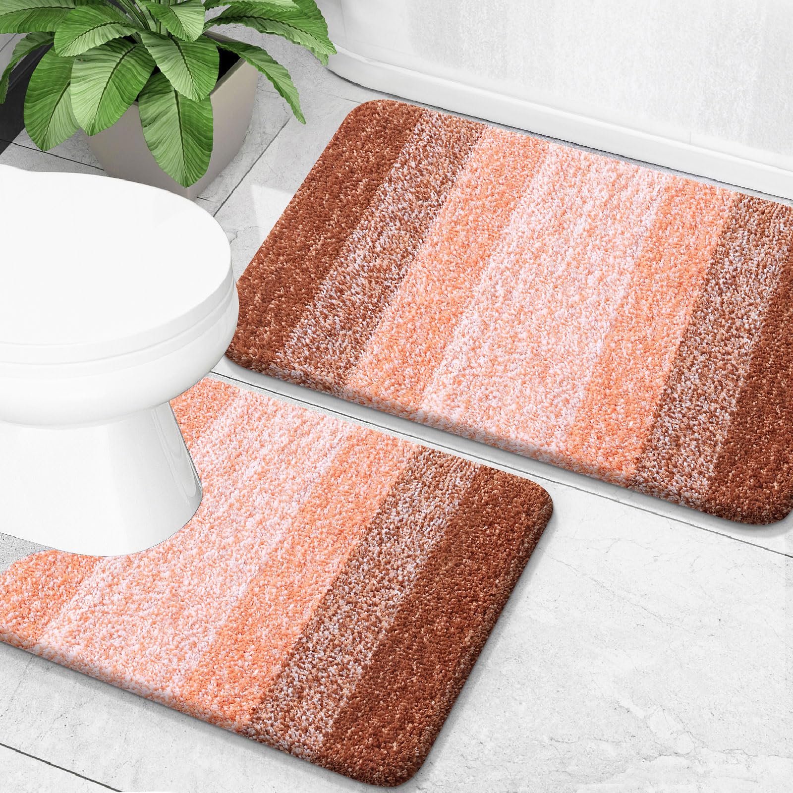 OLANLY Bathroom Rug Set 2 Piece, Soft Absorbent Microfiber Bath Mats and U-Shaped Contour Toilet Rug, Non-Slip, Machine Wash Dry, Plush Shaggy Bath Mats for Bathroom (24"x16"+24"x20", Orange)