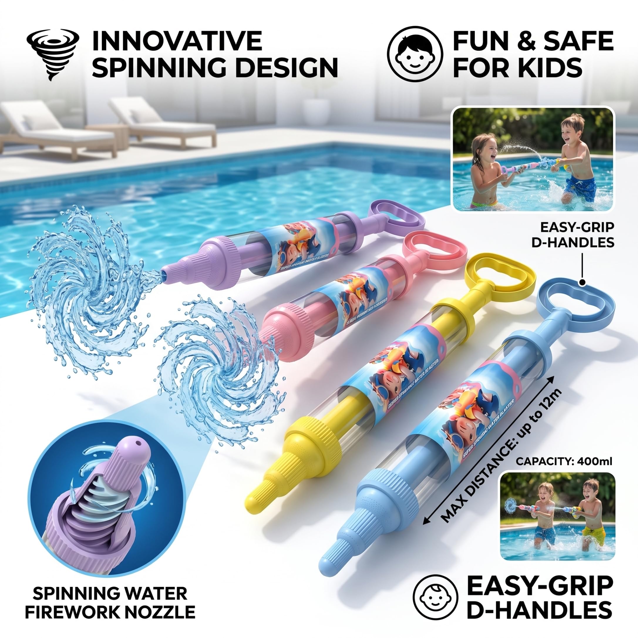 Set di 4 pistole ad acqua a forma di fuochi d'artificio per bambini con getto rotante a 3 strati capacità di 400 ml design cartone animato giocattolo per esterni spiaggia piscina e giardino