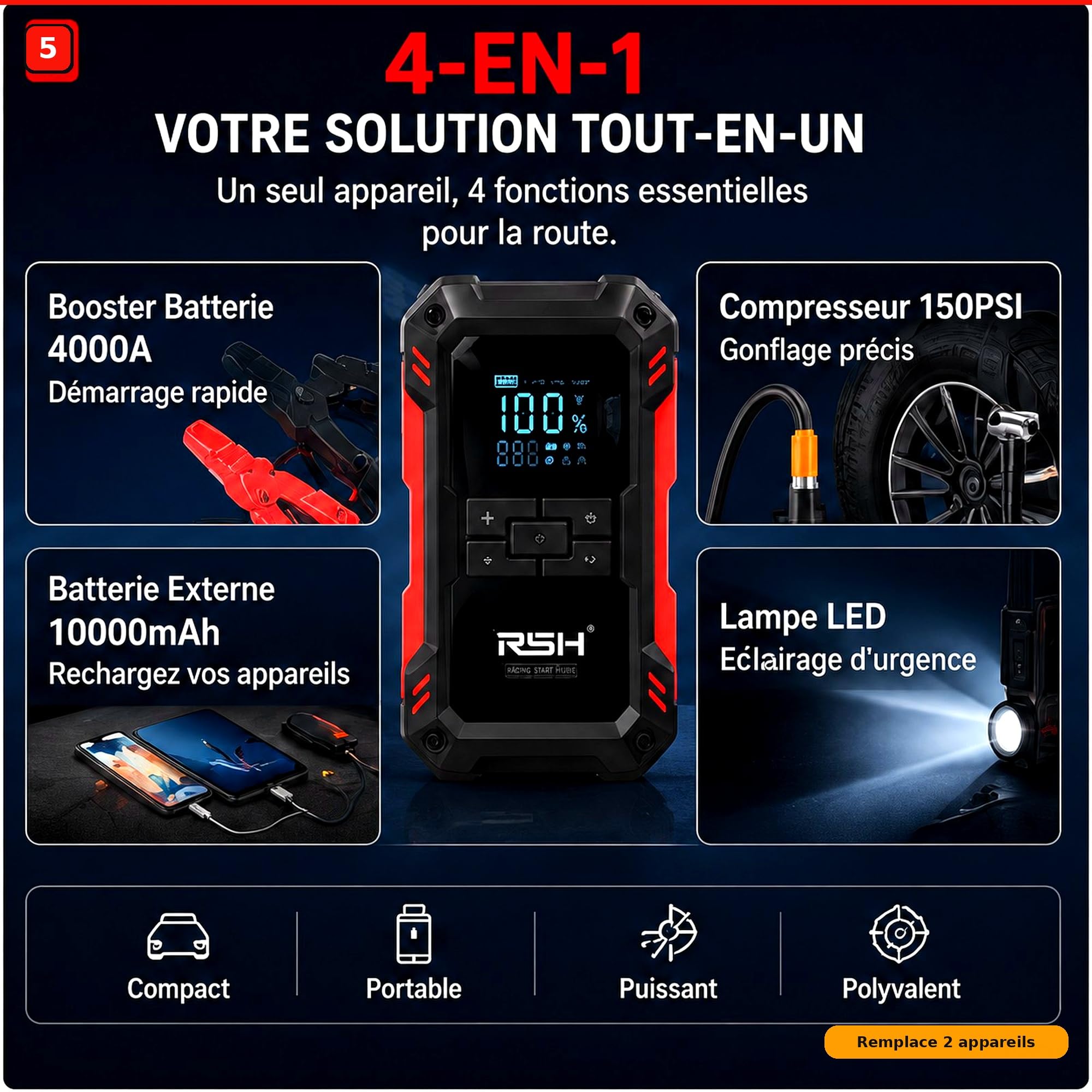 RSH Booster Batterie 4-en-1 — 4000A Jump Starter + Compresseur 150PSI + Batterie Externe 10000mAh + LED — Voitures Essence 9L/Diesel 6.5L, Pinces Intelligentes Anti-Étincelles, Certifié CE RoHS