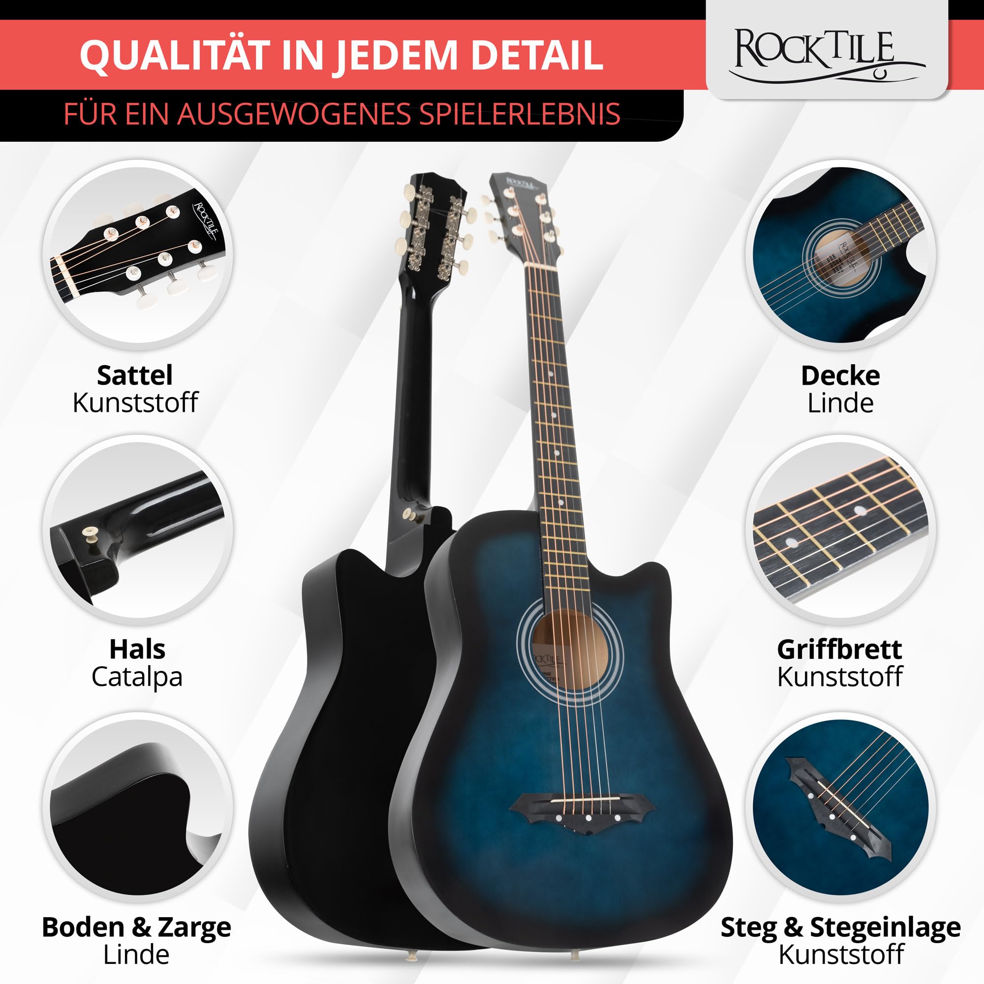 Rocktile WSD-5C-BUB Slim Line Set de Guitares Western - Guitare Acoustique Dreadnought - Corps en Tilleul - Manche : Catalpa - Set incluant housse, cordes de rechange, sangle et médiators - Blueburst