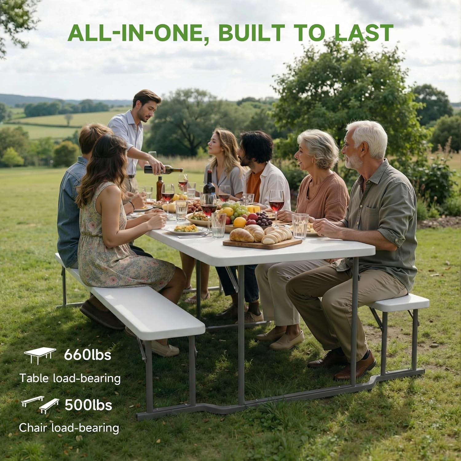 6‑Foot Picnic Table with Benches, Durable HDPE Top with All-Weather Steel Frame, Stable & Easy to Clean, Portable Camping Table and Chairs for Outdoor & Indoor Use,White